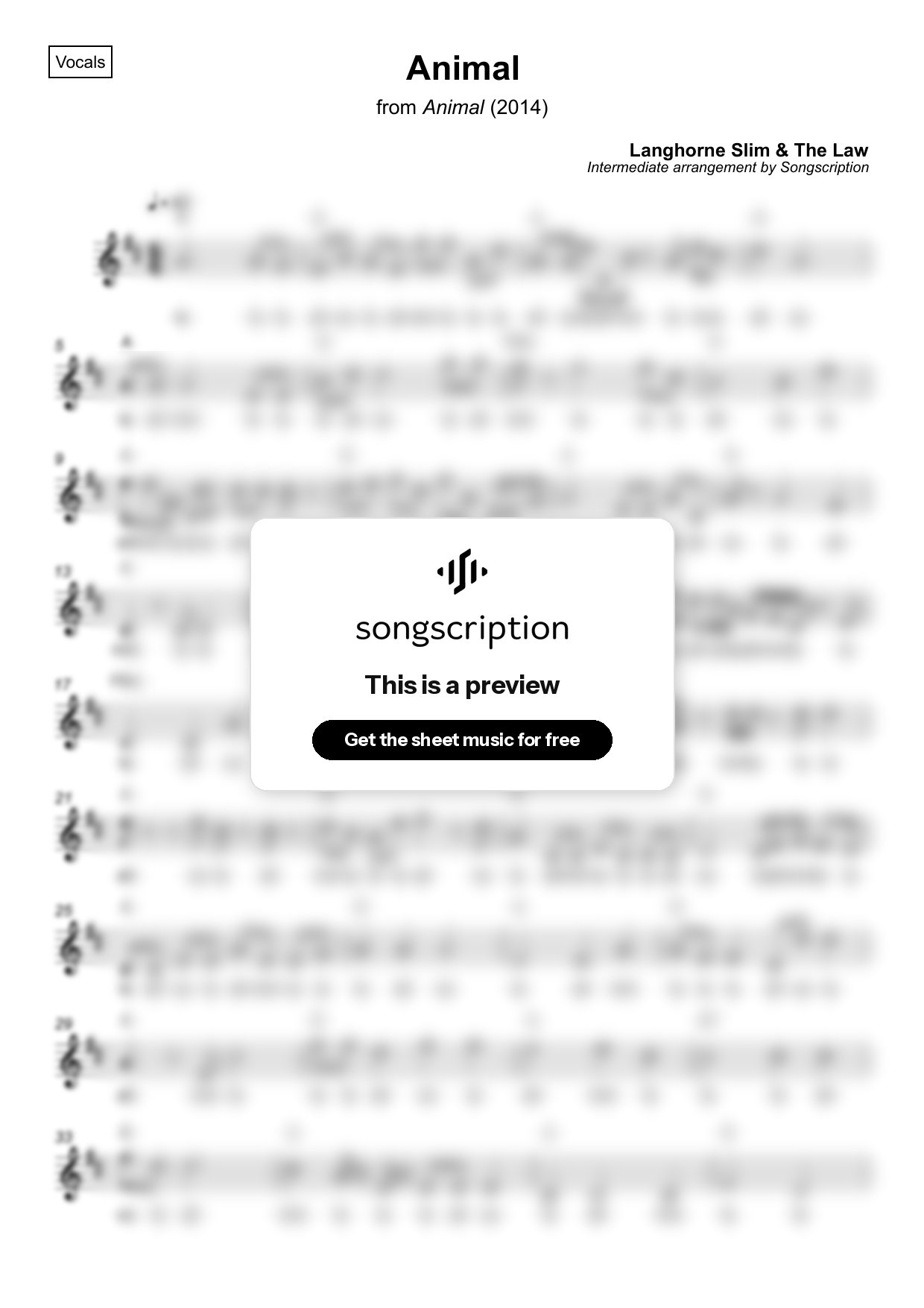 Intermediate Vocals Sheet Music for "Animal" by Langhorne Slim & The Law