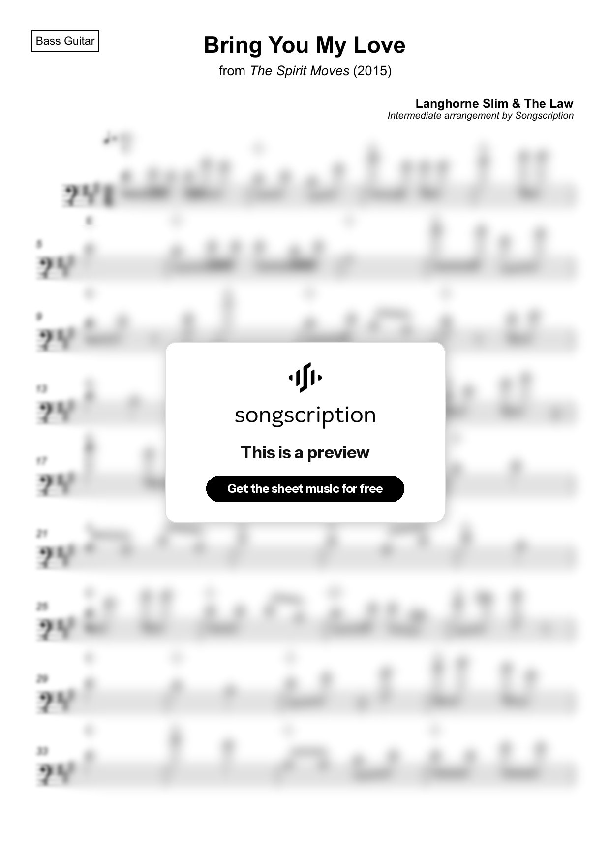 Intermediate Bass Guitar Sheet Music for "Bring You My Love" by Langhorne Slim & The Law