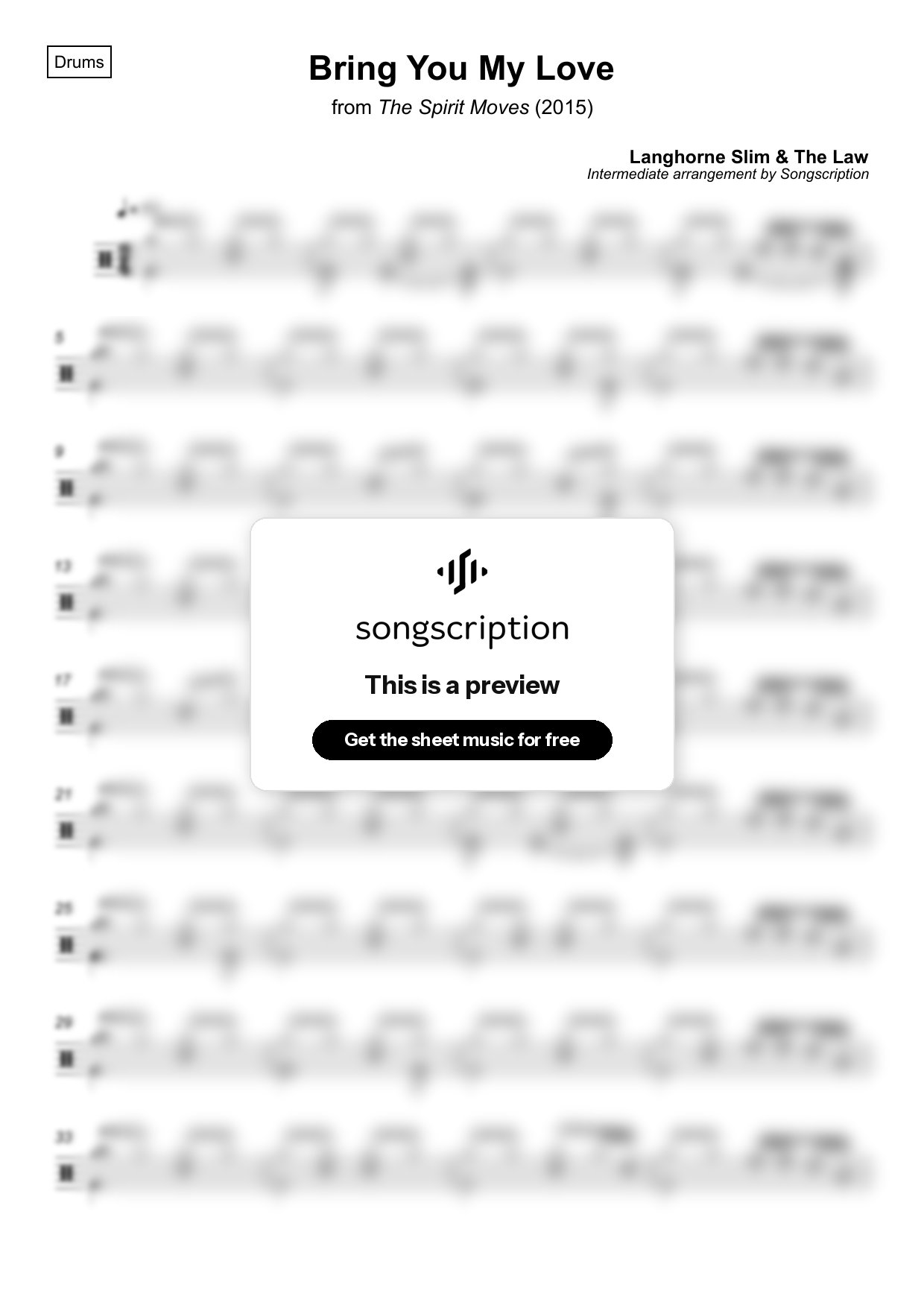 Intermediate Drums Sheet Music for "Bring You My Love" by Langhorne Slim & The Law