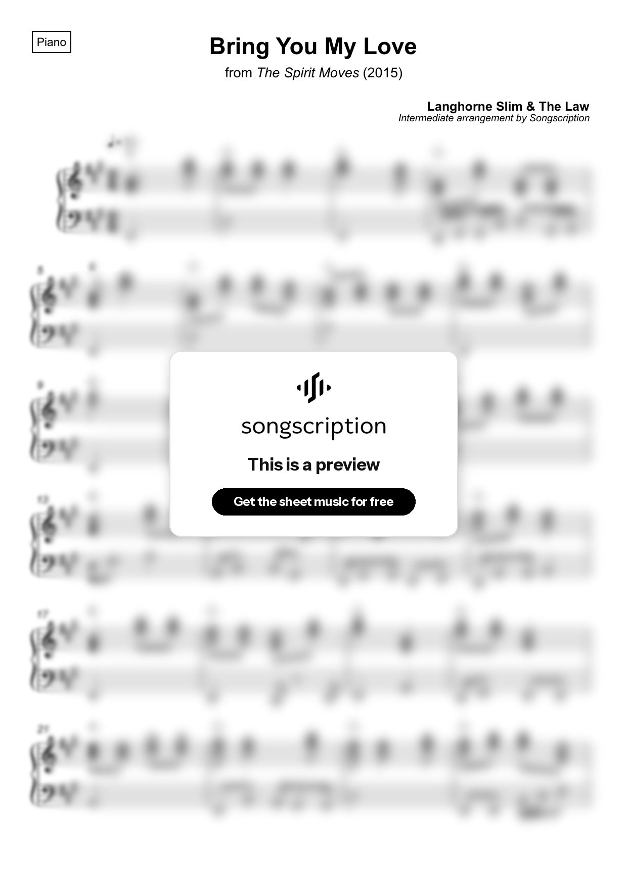 Intermediate Piano Sheet Music for "Bring You My Love" by Langhorne Slim & The Law