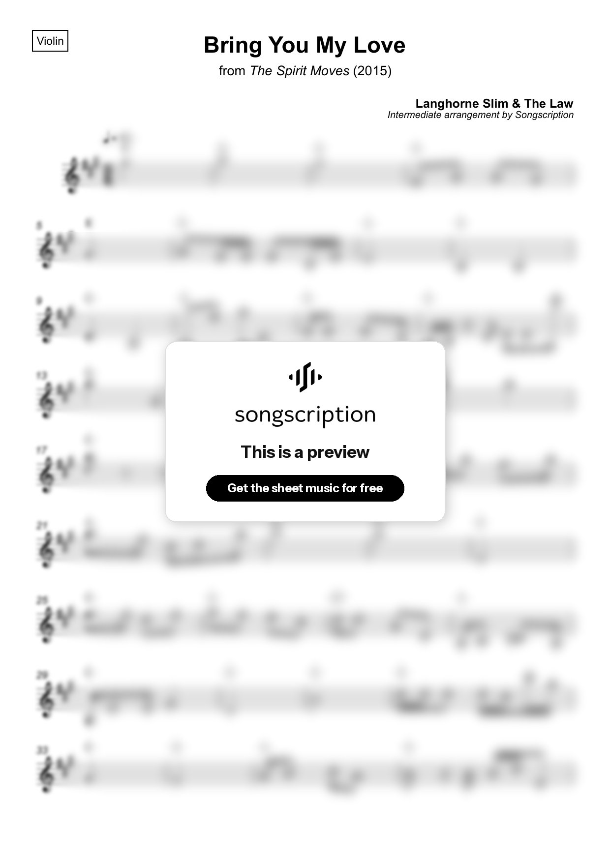 Intermediate Violin Sheet Music for "Bring You My Love" by Langhorne Slim & The Law