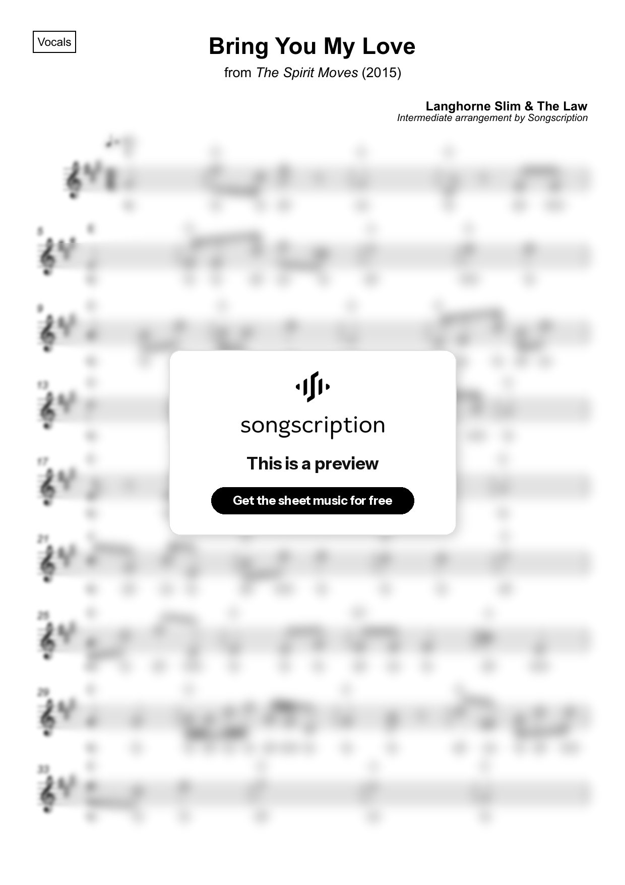 Intermediate Vocals Sheet Music for "Bring You My Love" by Langhorne Slim & The Law