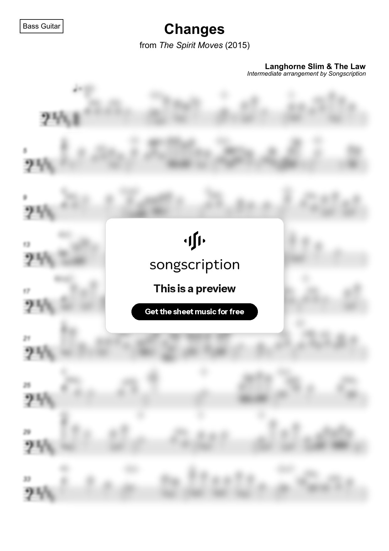 Intermediate Bass Guitar Sheet Music for "Changes" by Langhorne Slim & The Law