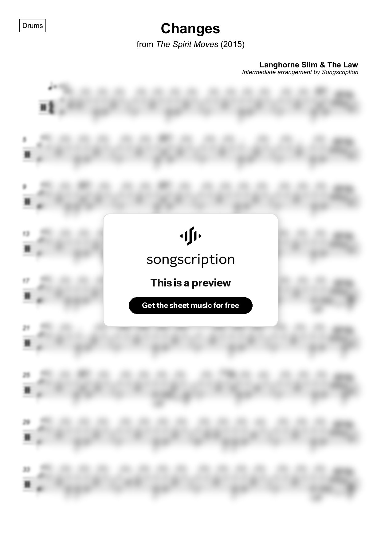 Intermediate Drums Sheet Music for "Changes" by Langhorne Slim & The Law