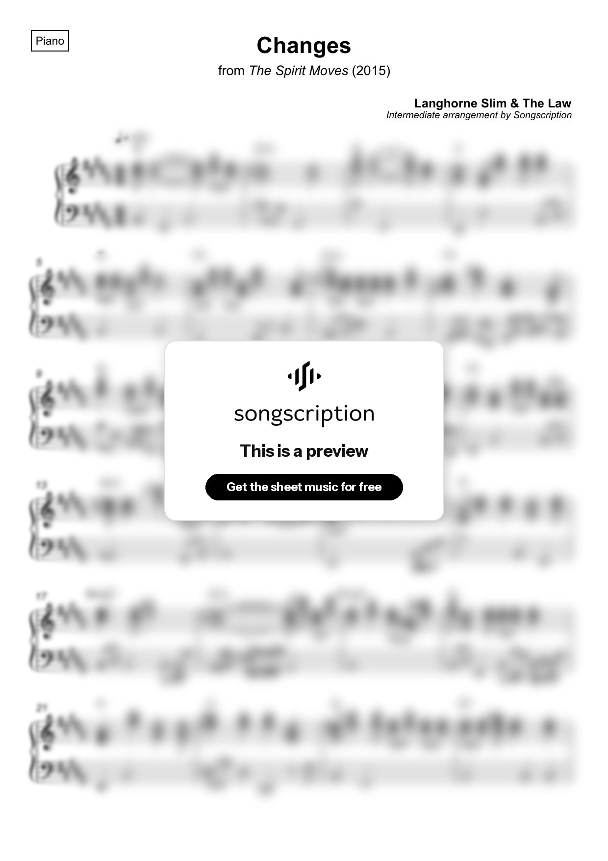 Intermediate Piano Sheet Music for "Changes" by Langhorne Slim & The Law