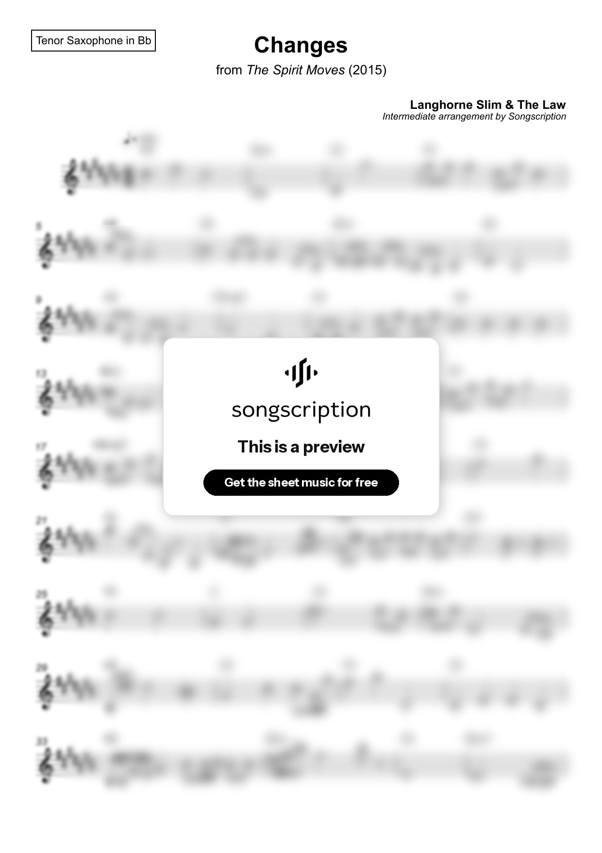 Intermediate Tenor Sax Sheet Music for "Changes" by Langhorne Slim & The Law