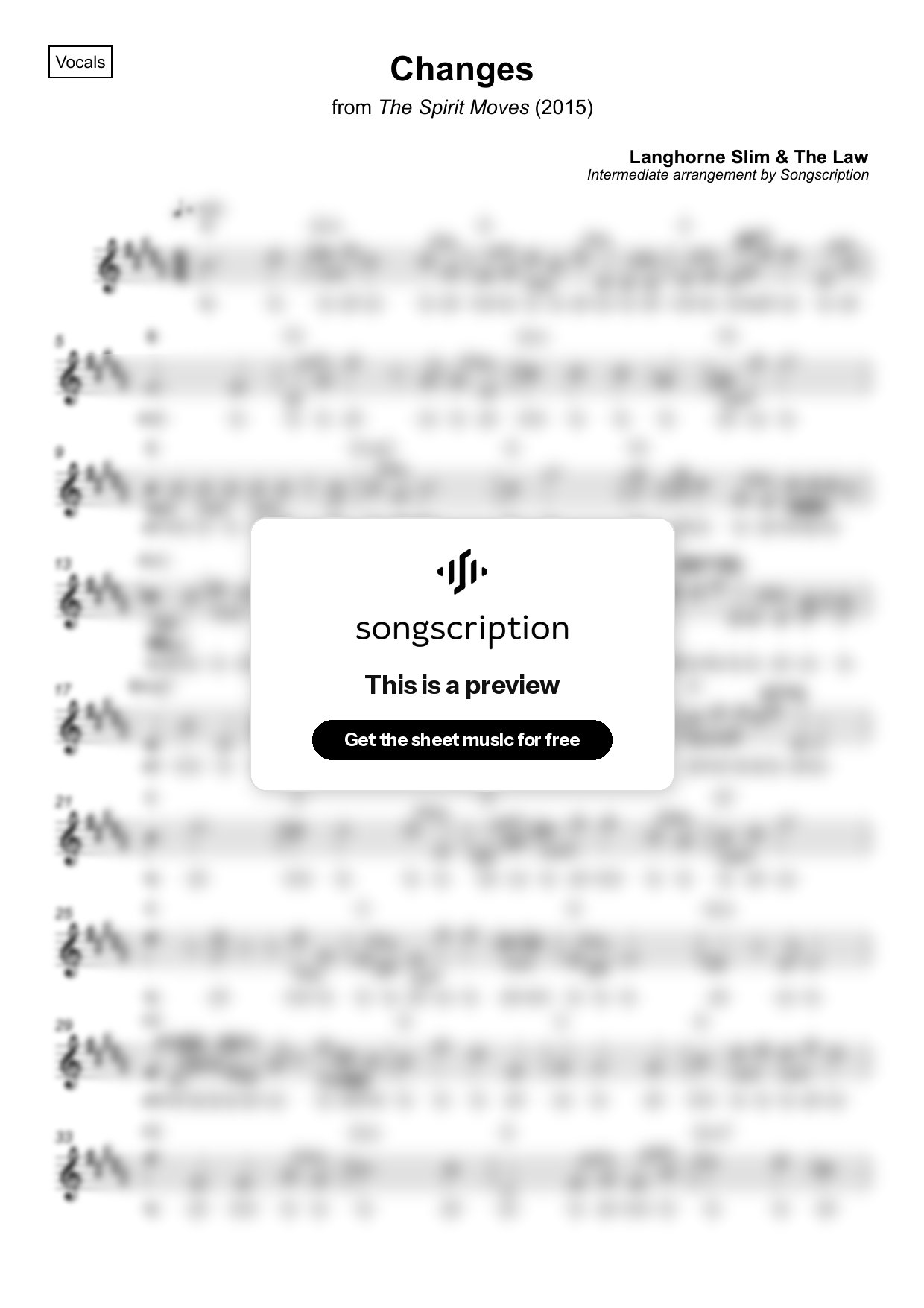Intermediate Vocals Sheet Music for "Changes" by Langhorne Slim & The Law