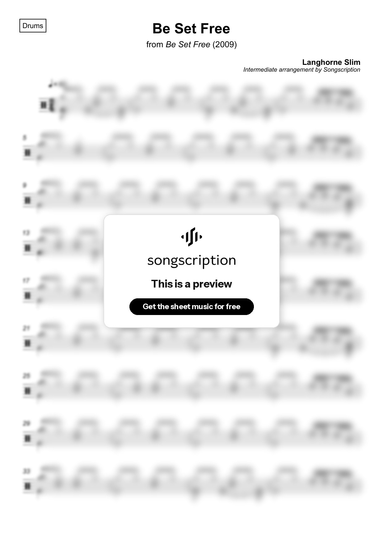 Intermediate Drums Sheet Music for "Be Set Free" by Langhorne Slim