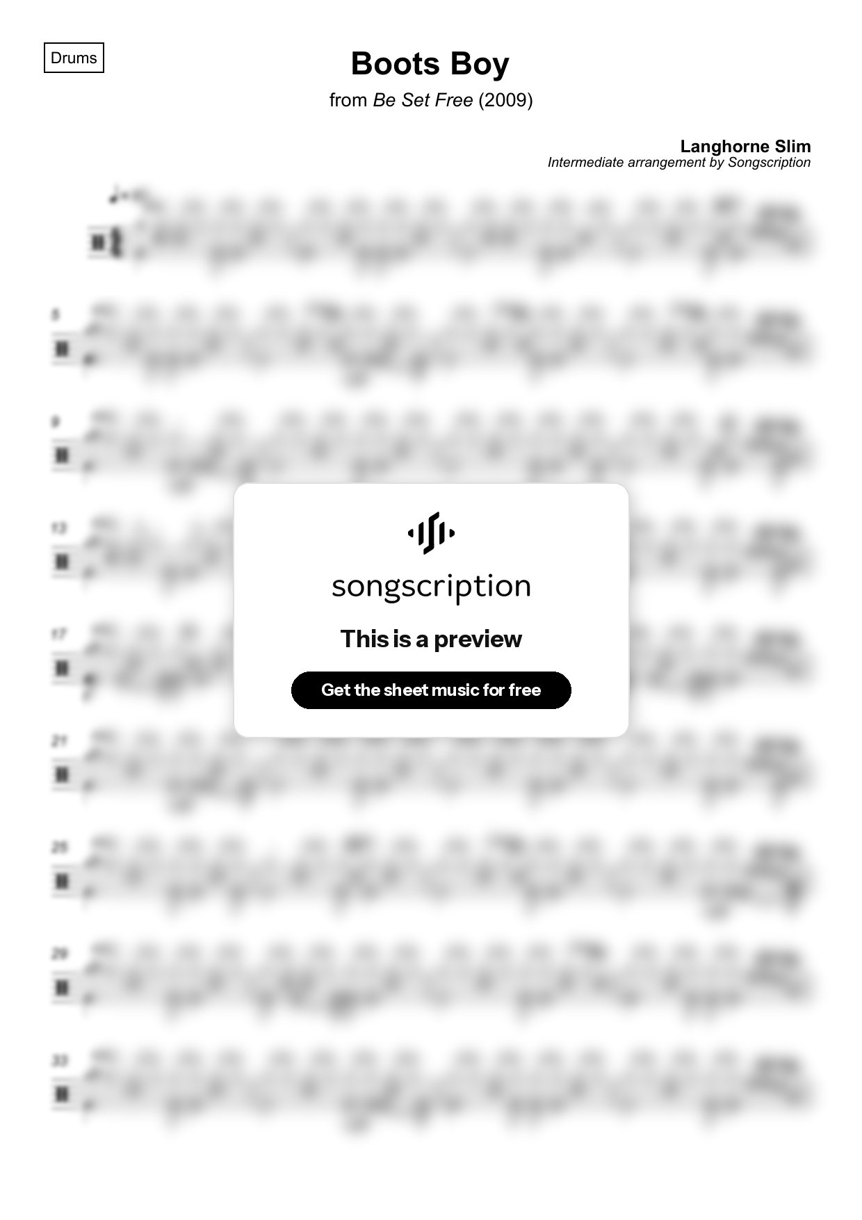 Intermediate Drums Sheet Music for "Boots Boy" by Langhorne Slim