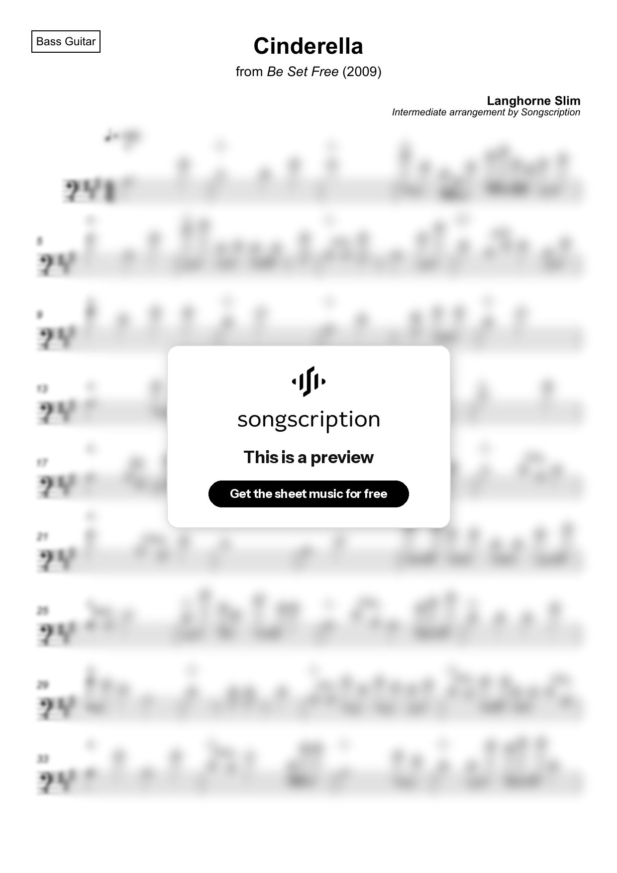 Intermediate Bass Guitar Sheet Music for "Cinderella" by Langhorne Slim