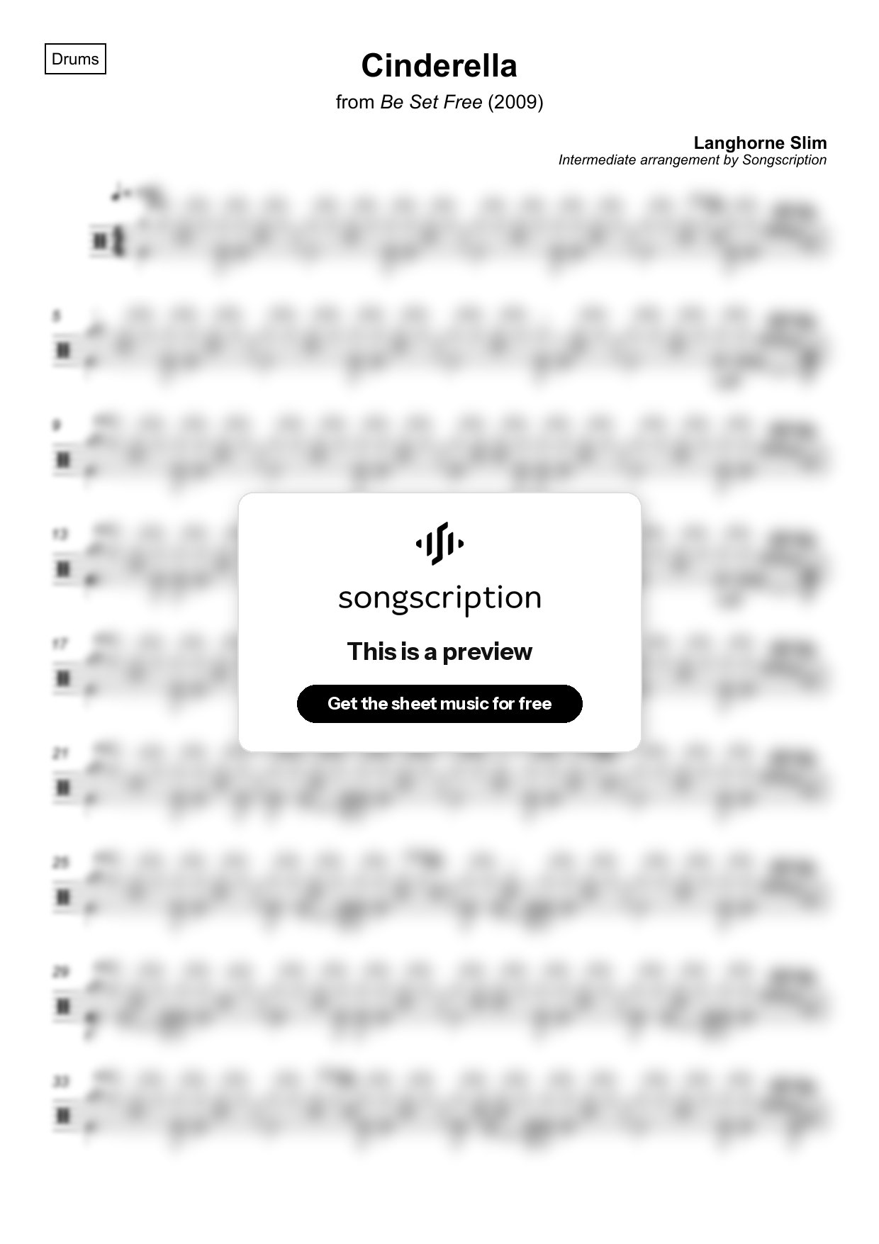 Intermediate Drums Sheet Music for "Cinderella" by Langhorne Slim