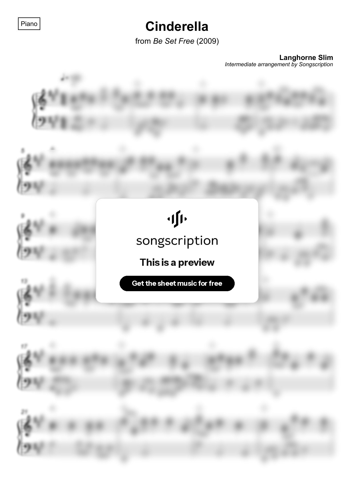Intermediate Piano Sheet Music for "Cinderella" by Langhorne Slim