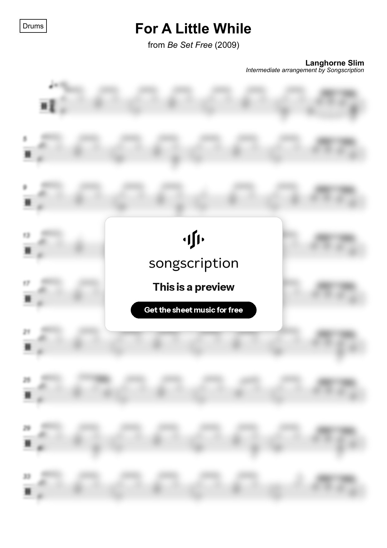 Intermediate Drums Sheet Music for "For A Little While" by Langhorne Slim