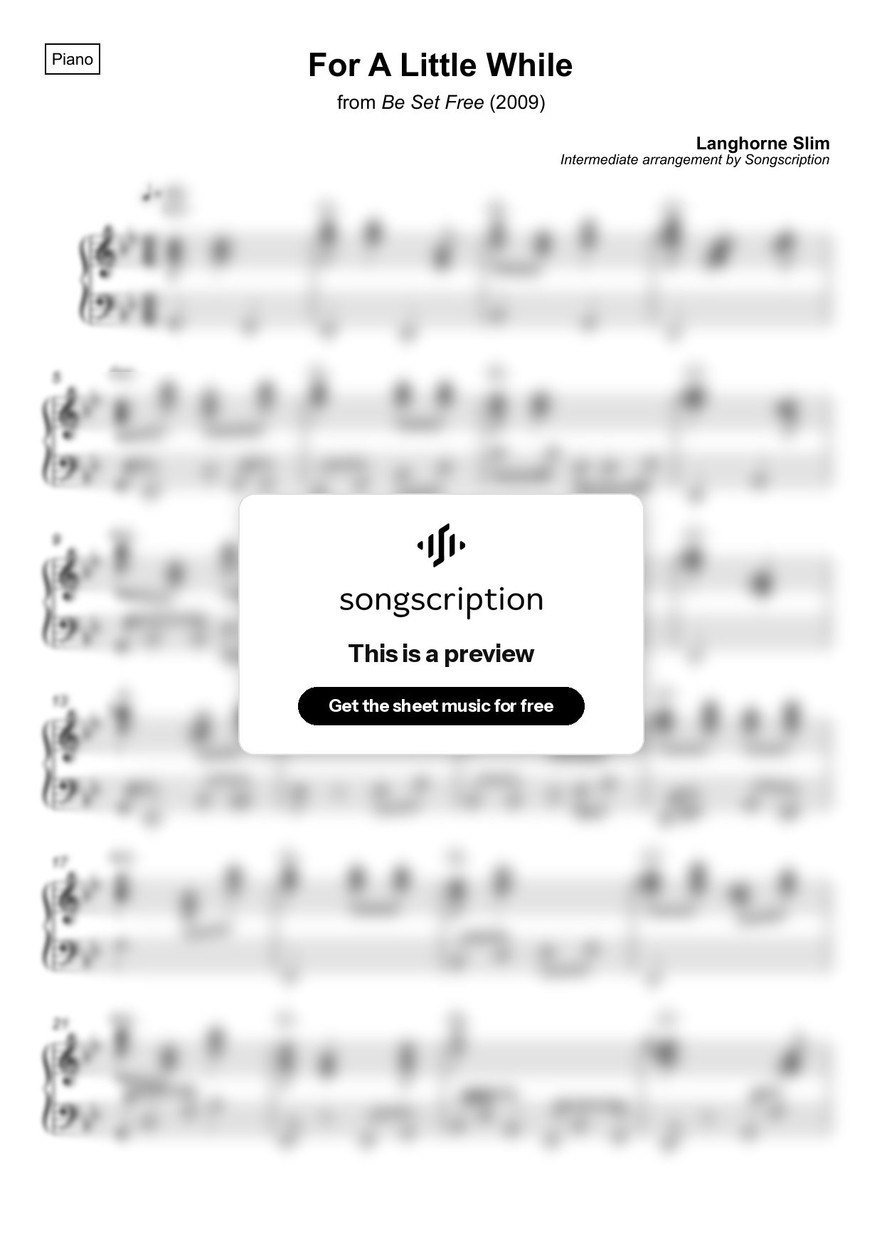 Intermediate Piano Sheet Music for "For A Little While" by Langhorne Slim