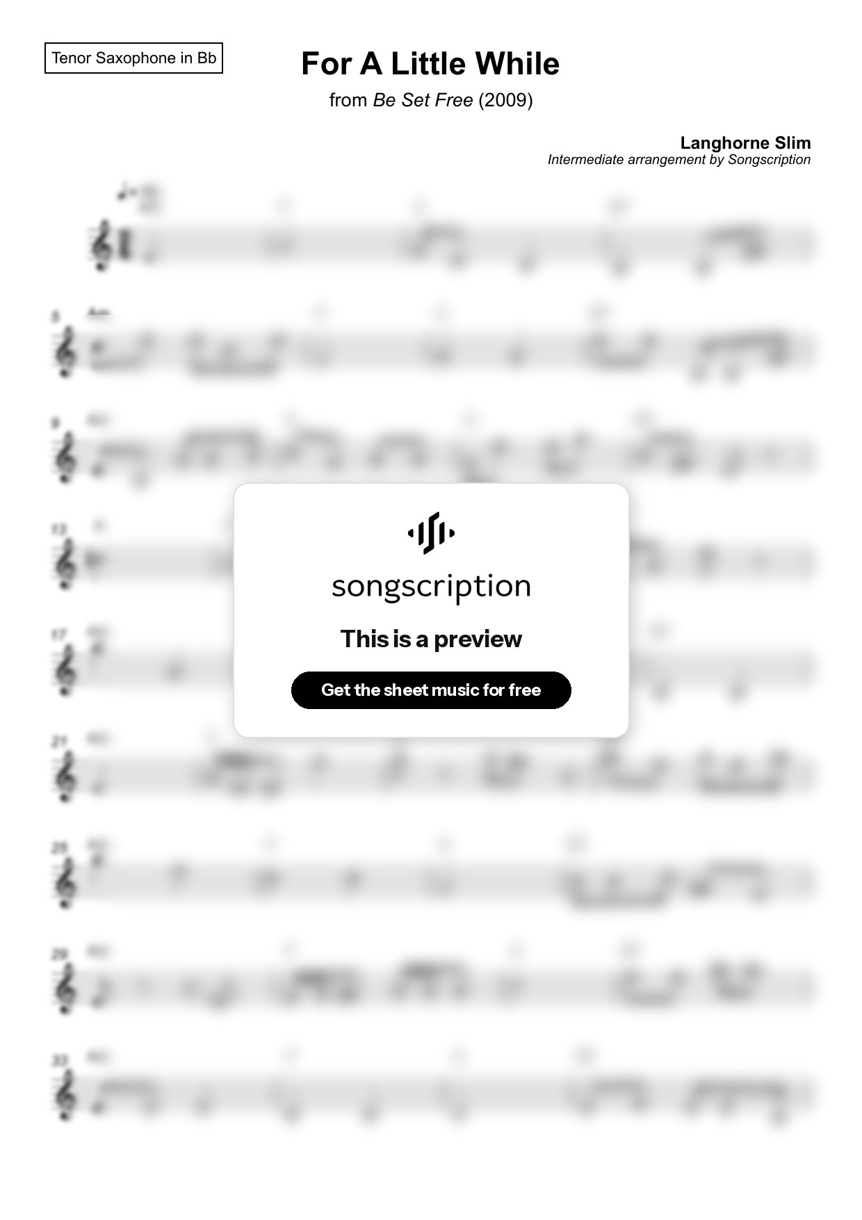 Intermediate Tenor Sax Sheet Music for "For A Little While" by Langhorne Slim