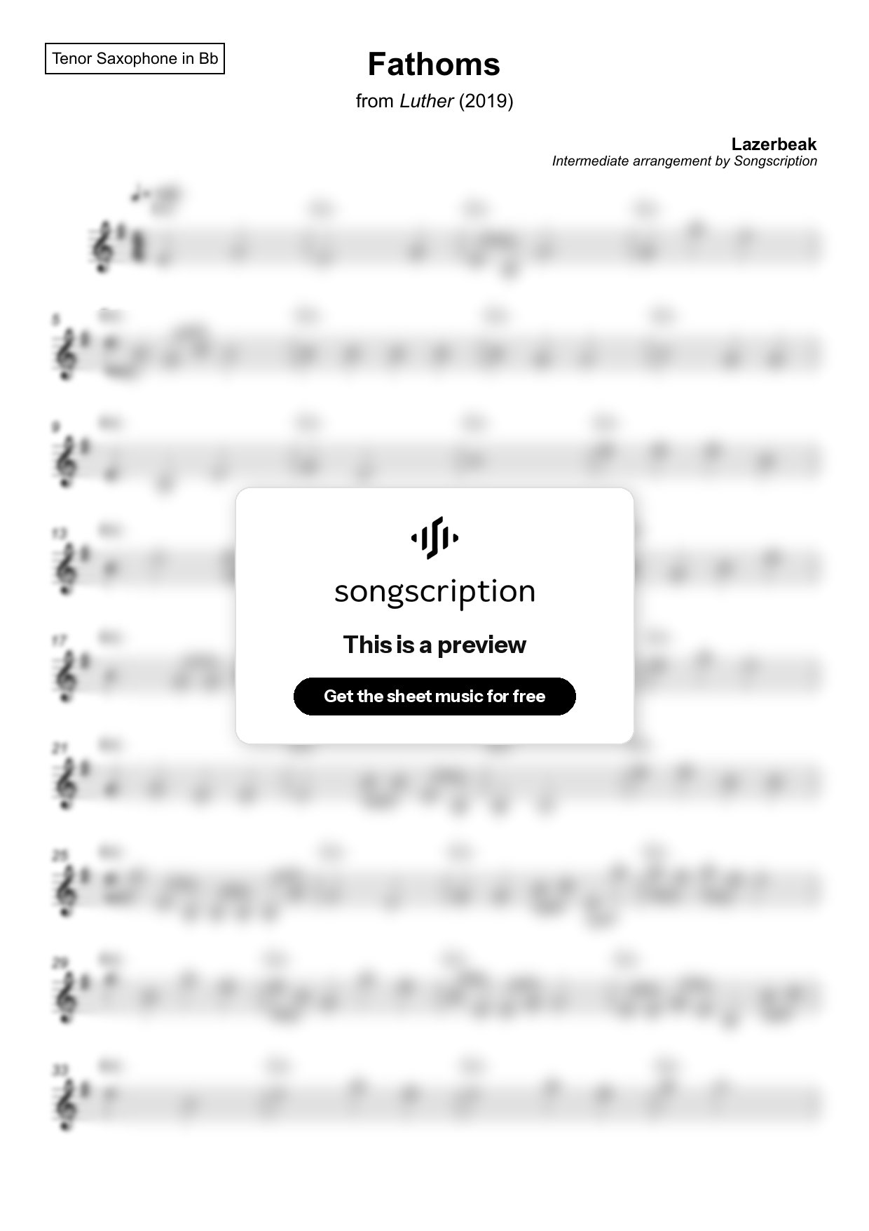 Intermediate Tenor Sax Sheet Music for "Fathoms" by Lazerbeak
