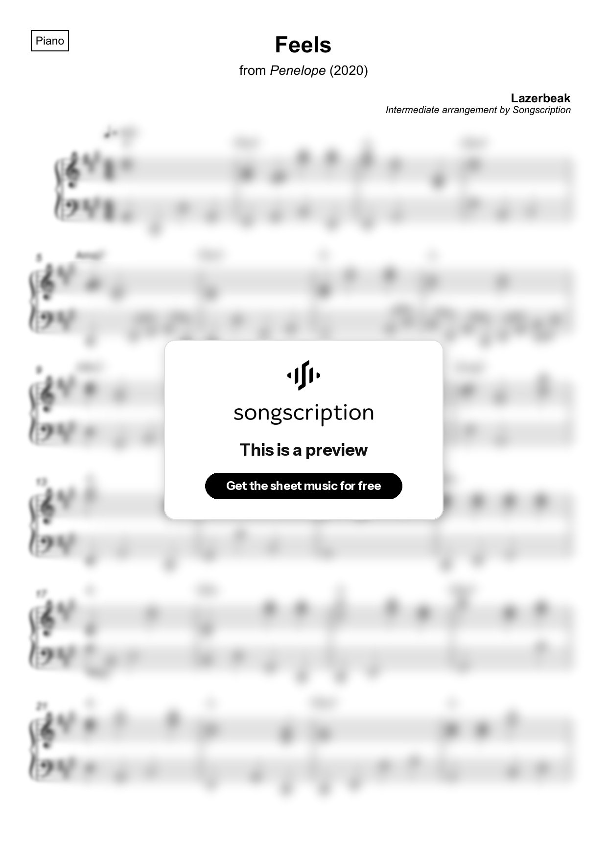 Intermediate Piano Sheet Music for "Feels" by Lazerbeak