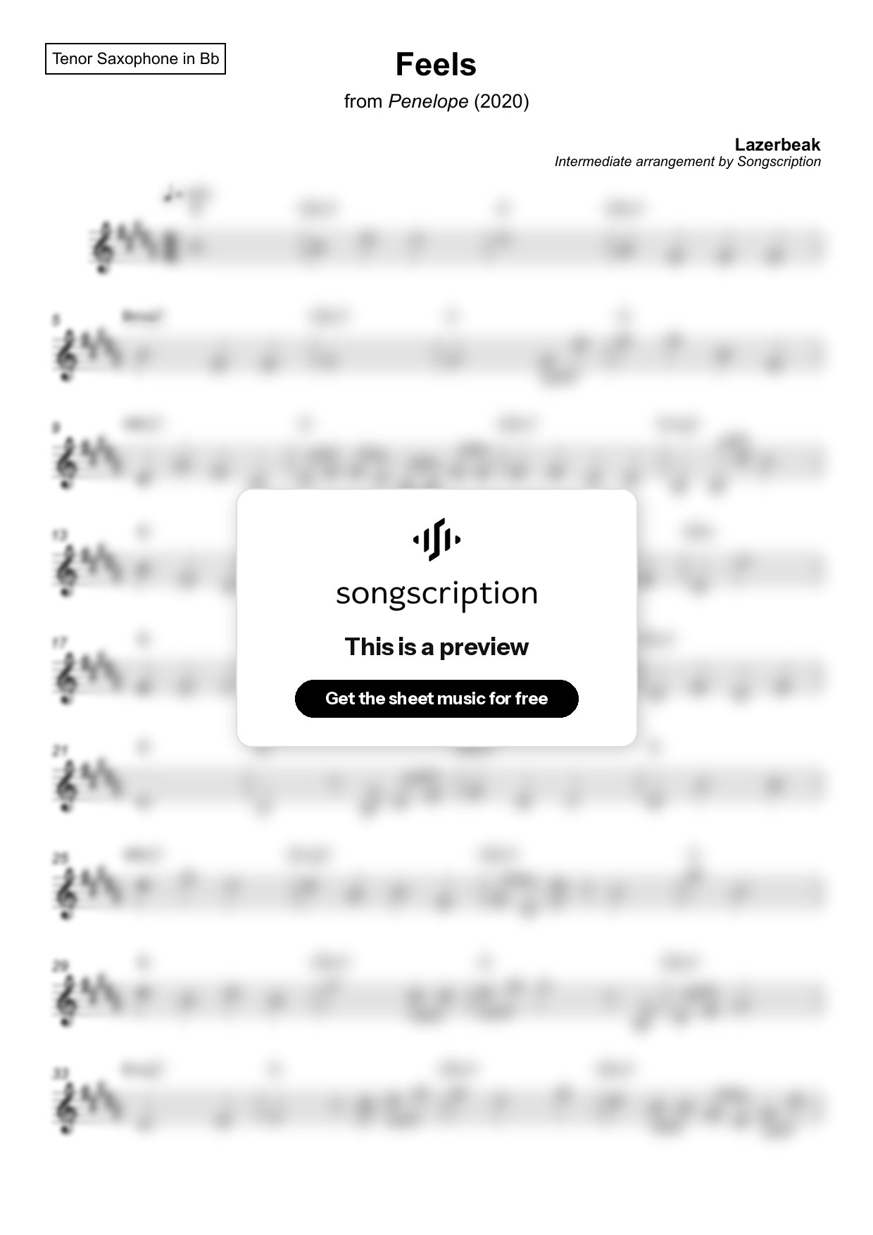 Intermediate Tenor Sax Sheet Music for "Feels" by Lazerbeak