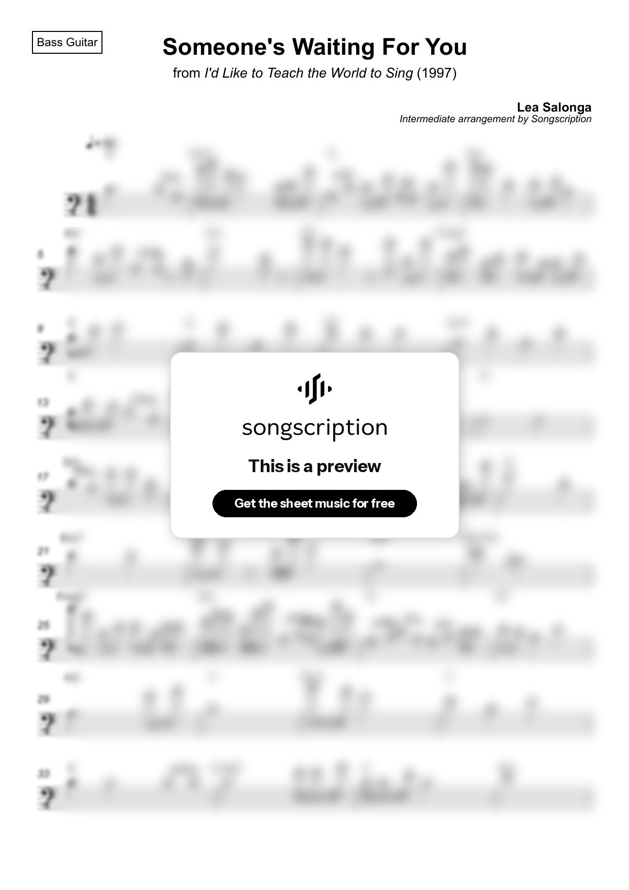 Intermediate Bass Guitar Sheet Music for "Someone's Waiting For You" by Lea Salonga
