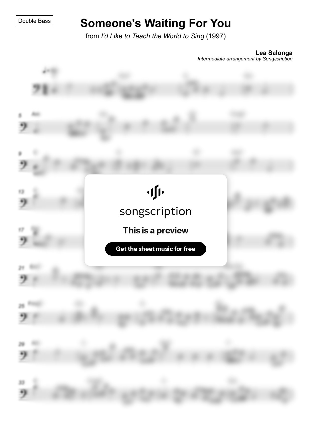 Intermediate Double Bass Sheet Music for "Someone's Waiting For You" by Lea Salonga