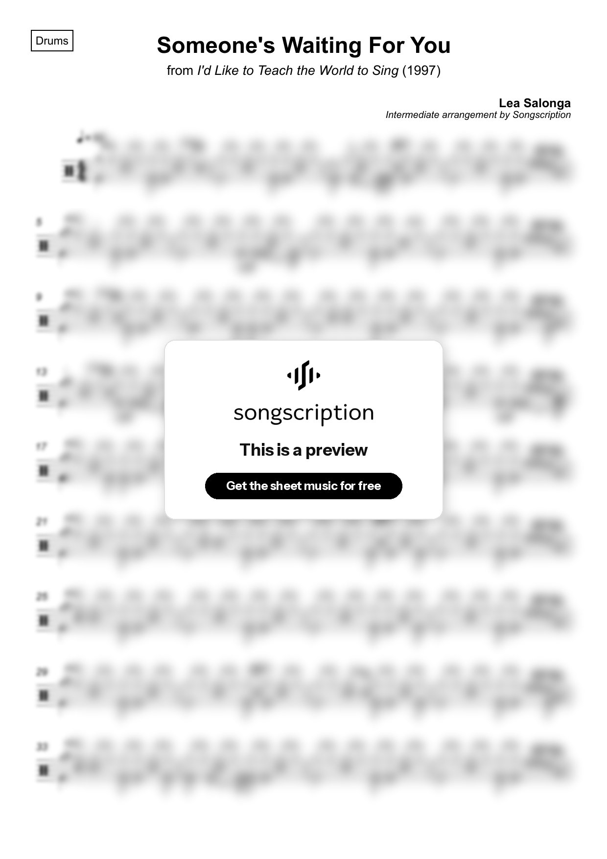 Intermediate Drums Sheet Music for "Someone's Waiting For You" by Lea Salonga