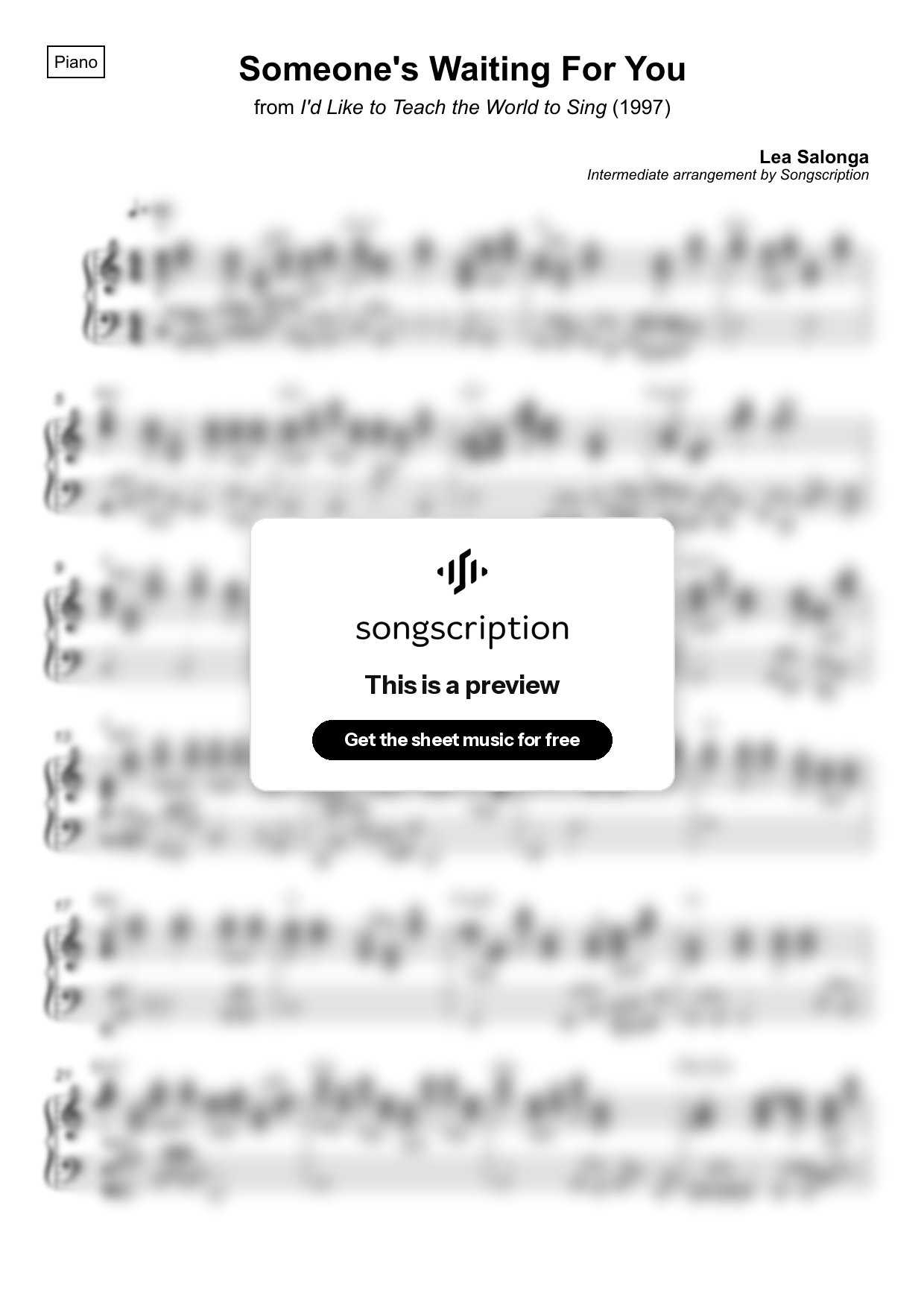 Intermediate Piano Sheet Music for "Someone's Waiting For You" by Lea Salonga