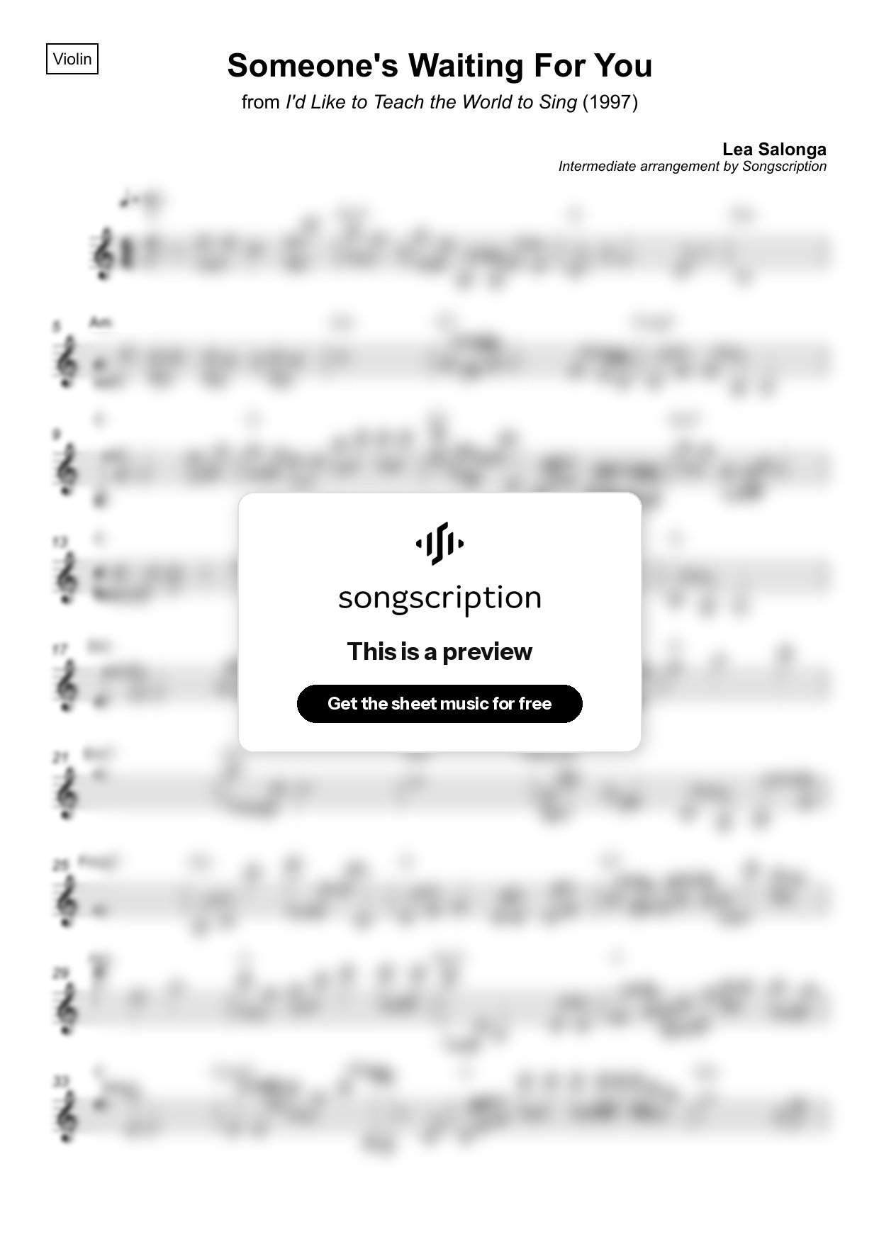 Intermediate Violin Sheet Music for "Someone's Waiting For You" by Lea Salonga