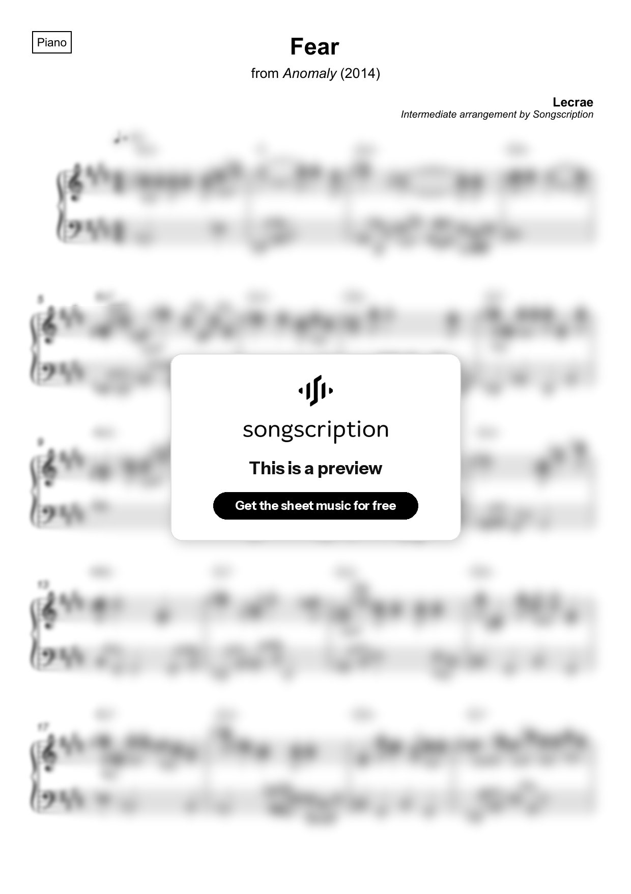 Intermediate Piano Sheet Music for "Fear" by Lecrae