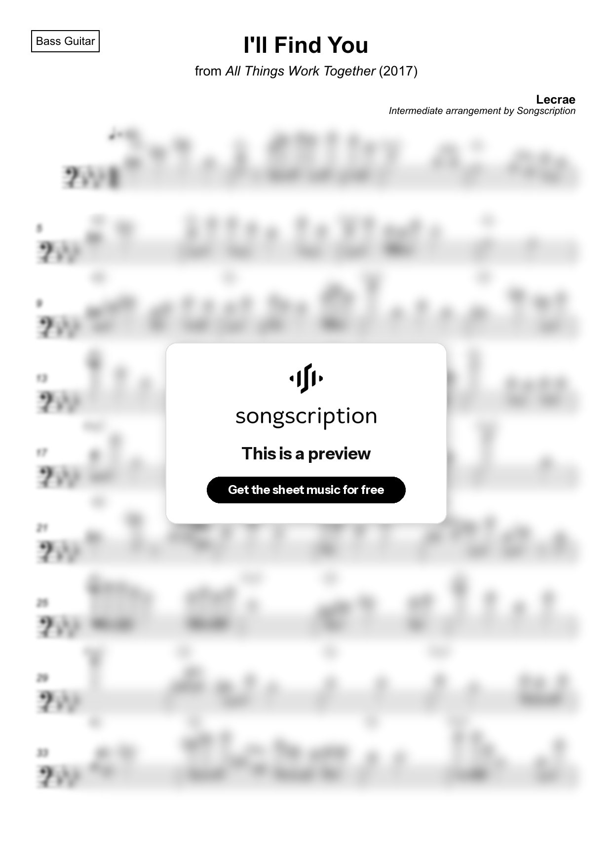 Intermediate Bass Guitar Sheet Music for "I'll Find You" by Lecrae
