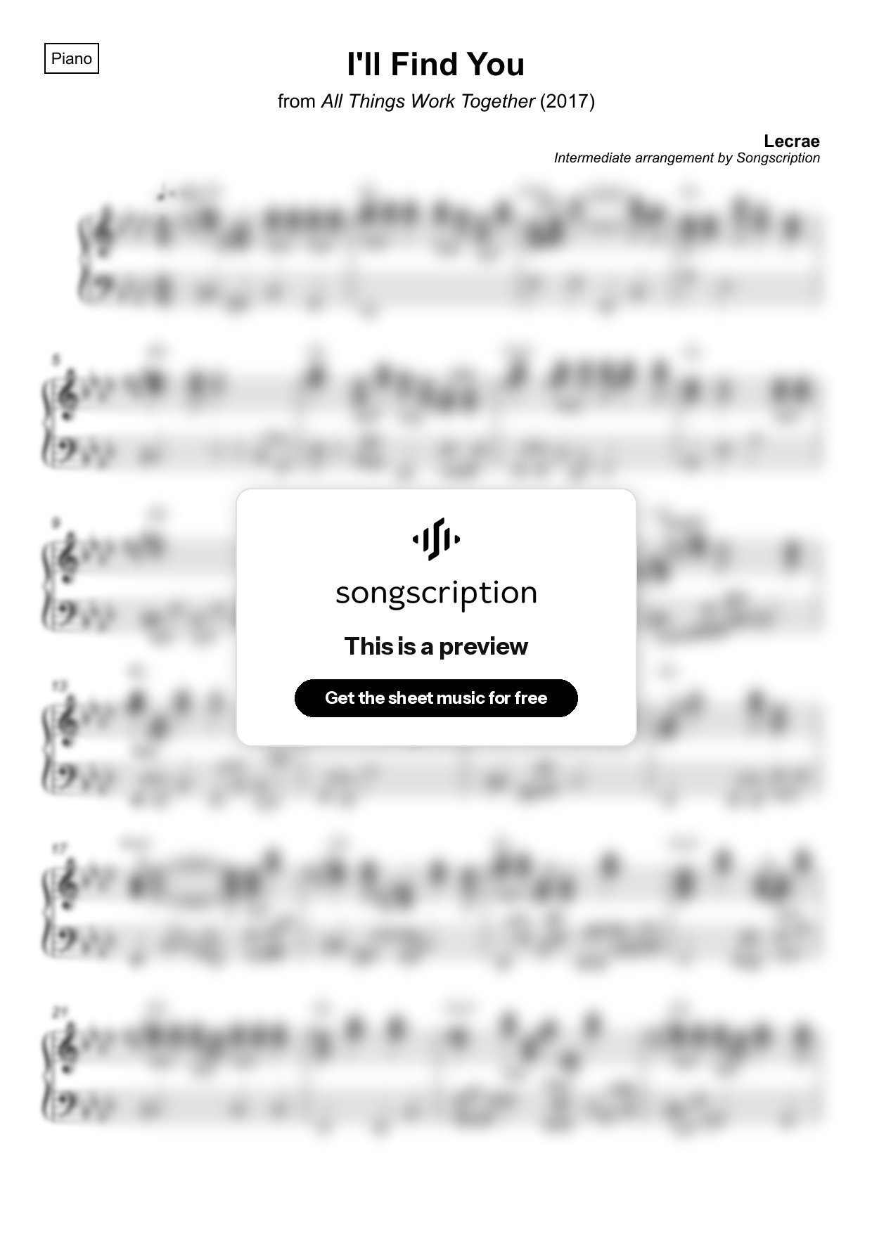 Intermediate Piano Sheet Music for "I'll Find You" by Lecrae