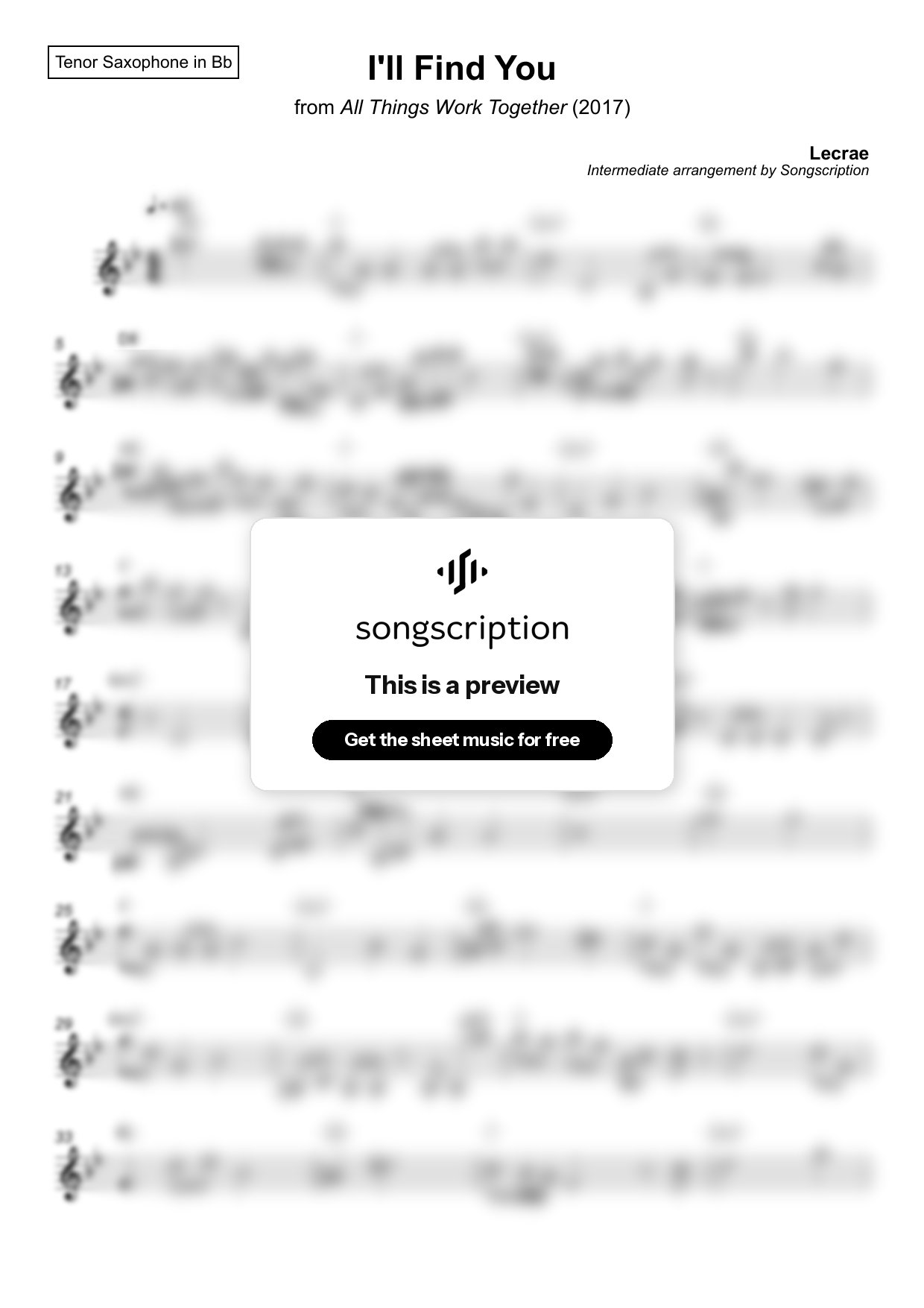 Intermediate Tenor Sax Sheet Music for "I'll Find You" by Lecrae