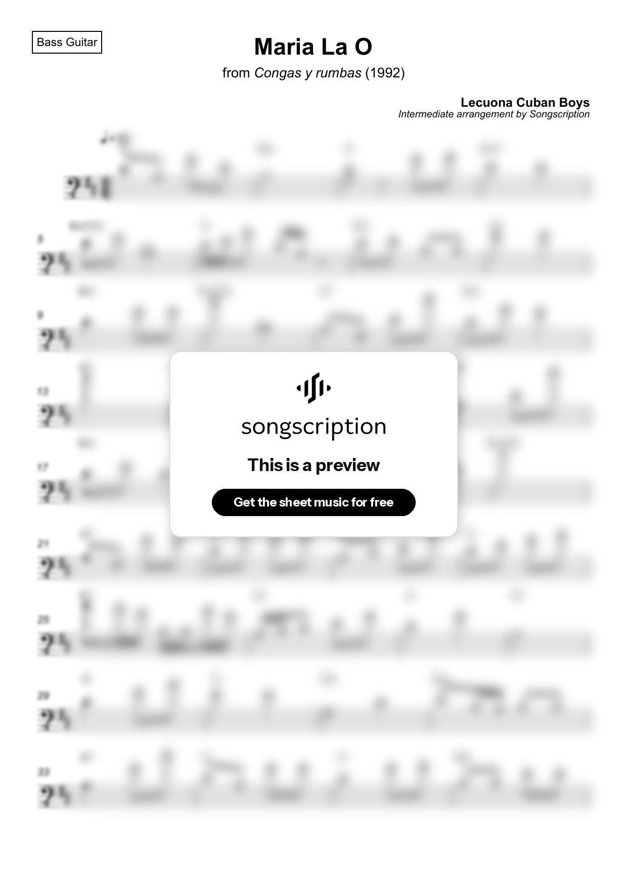Intermediate Bass Guitar Sheet Music for "Maria La O" by Lecuona Cuban Boys