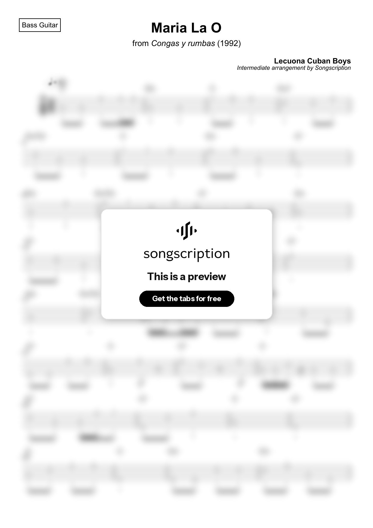 Intermediate Bass Guitar Tabs for "Maria La O" by Lecuona Cuban Boys