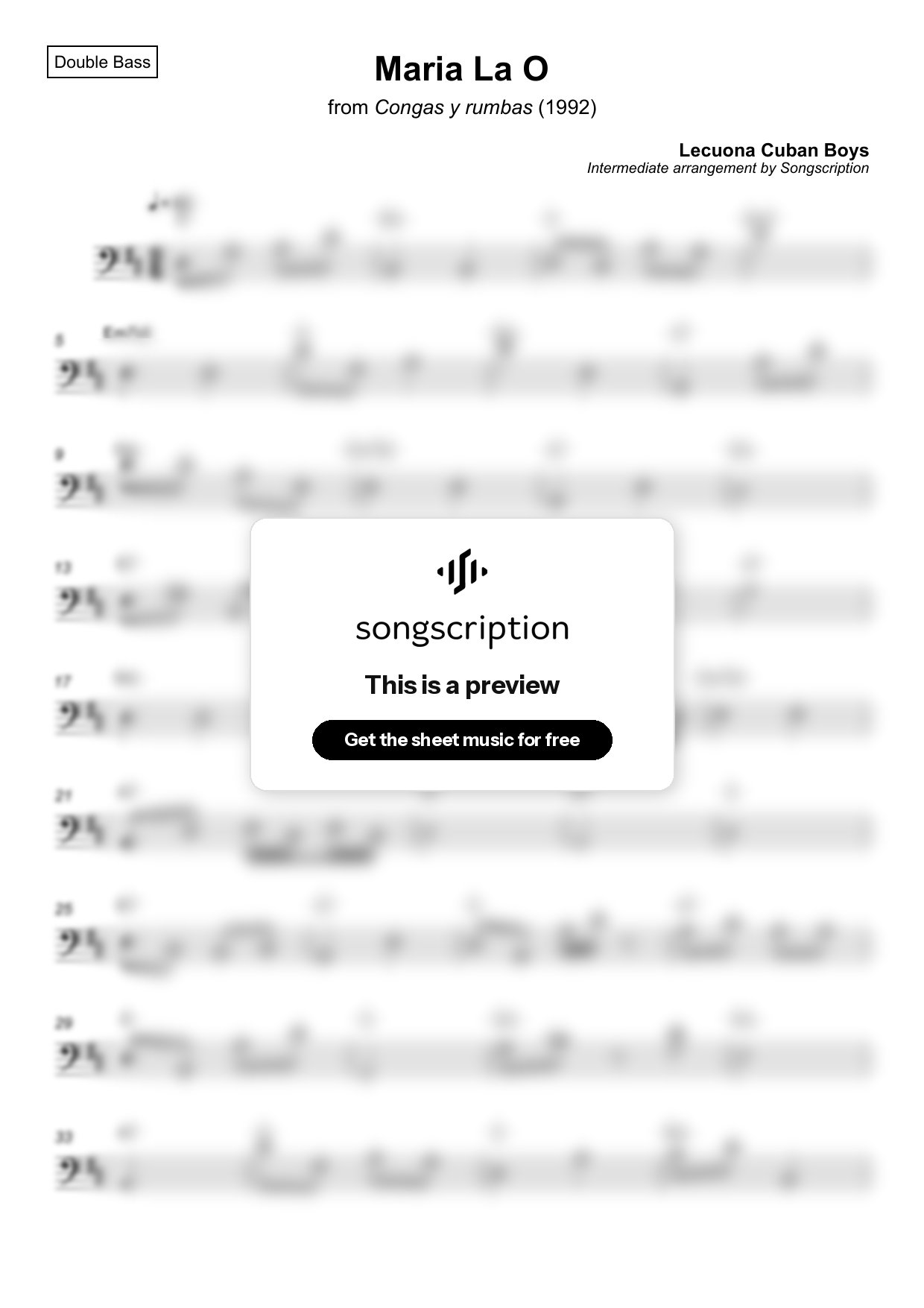 Intermediate Double Bass Sheet Music for "Maria La O" by Lecuona Cuban Boys