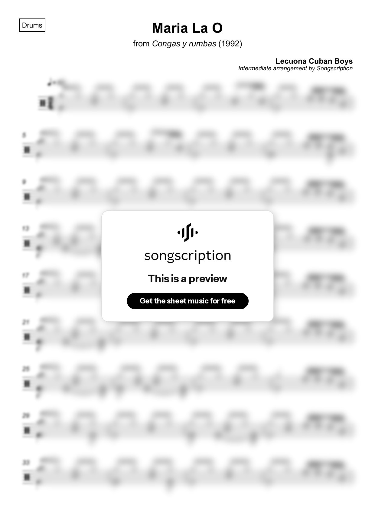 Intermediate Drums Sheet Music for "Maria La O" by Lecuona Cuban Boys