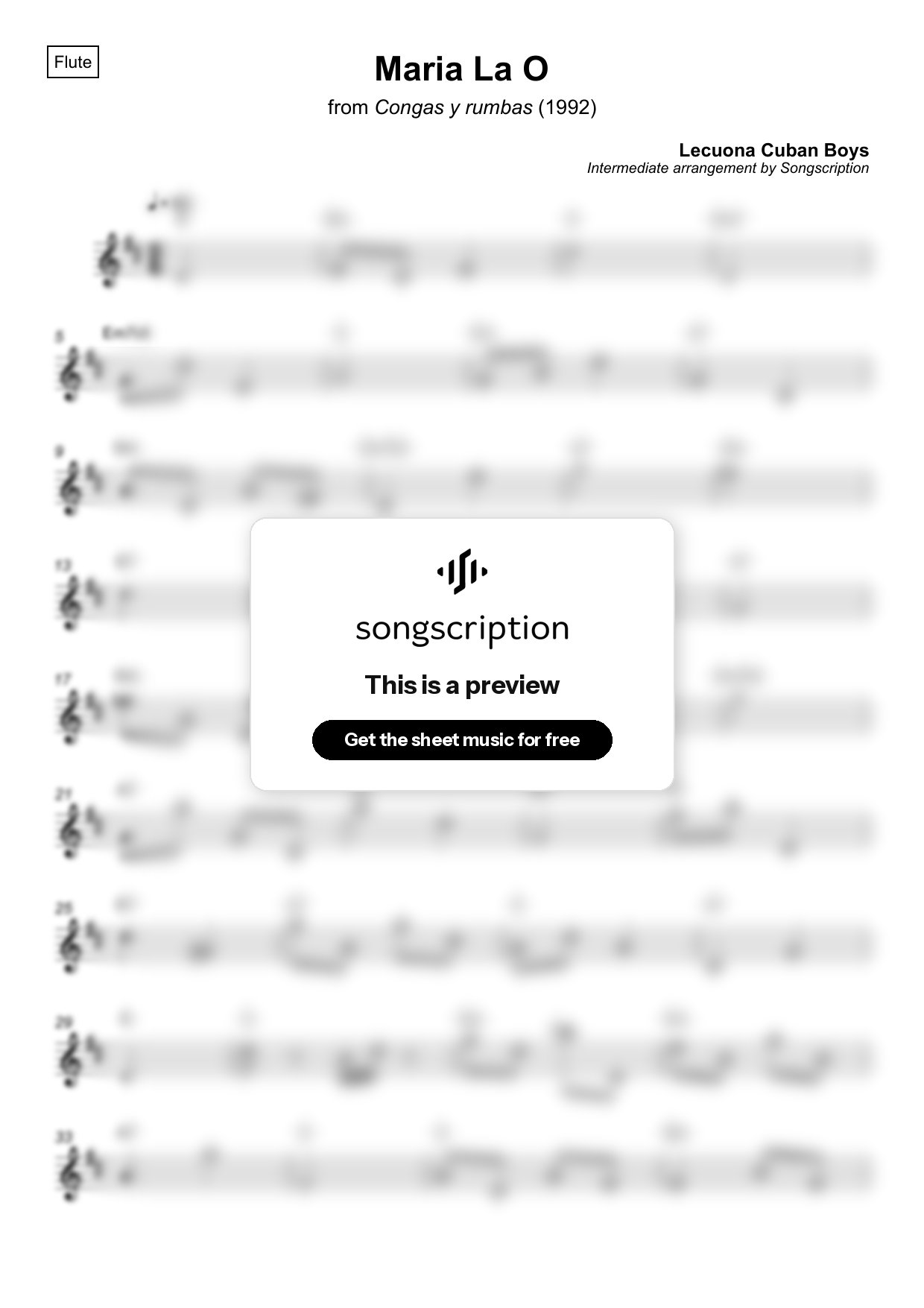 Intermediate Flute Sheet Music for "Maria La O" by Lecuona Cuban Boys