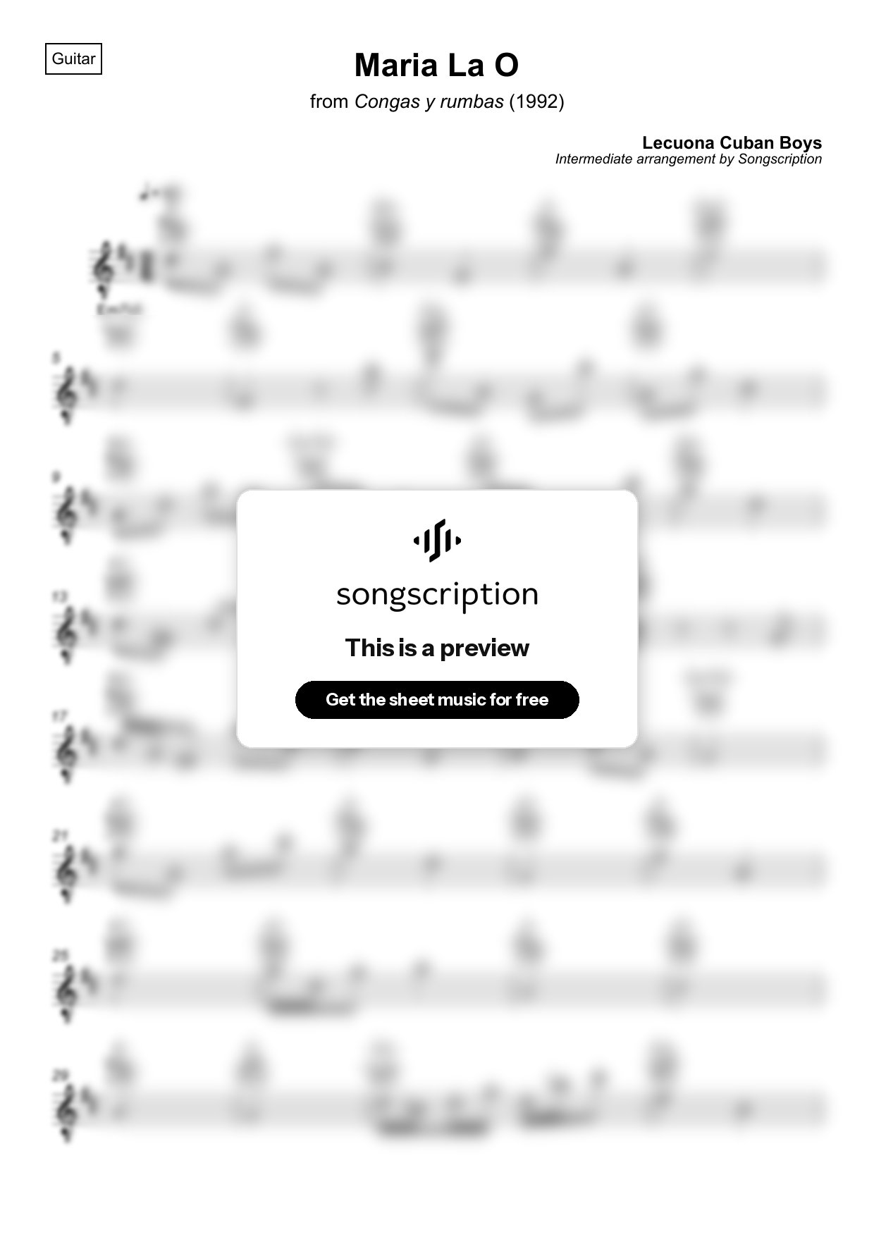 Intermediate Acoustic Guitar Sheet Music for "Maria La O" by Lecuona Cuban Boys