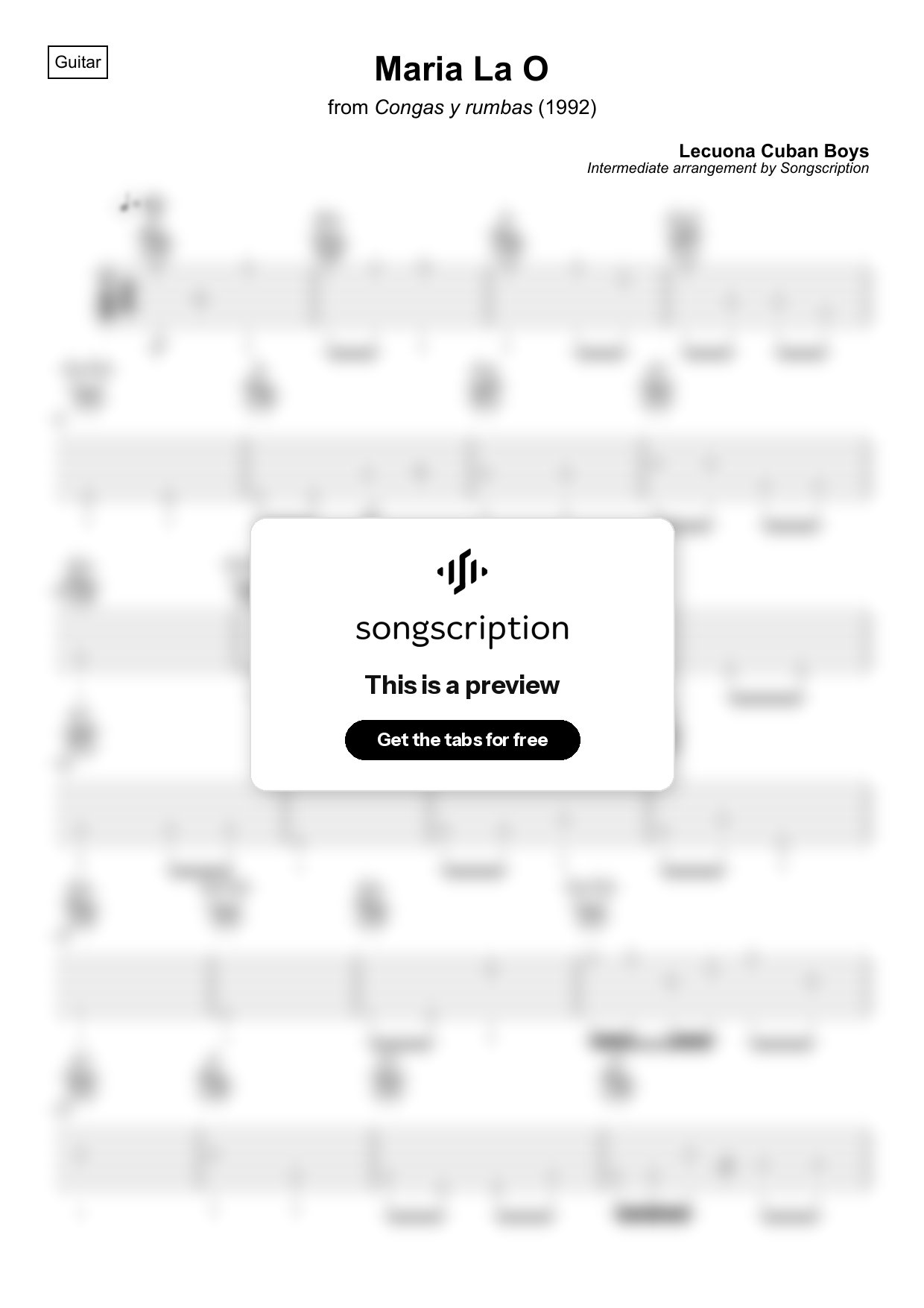 Intermediate Acoustic Guitar Tabs for "Maria La O" by Lecuona Cuban Boys