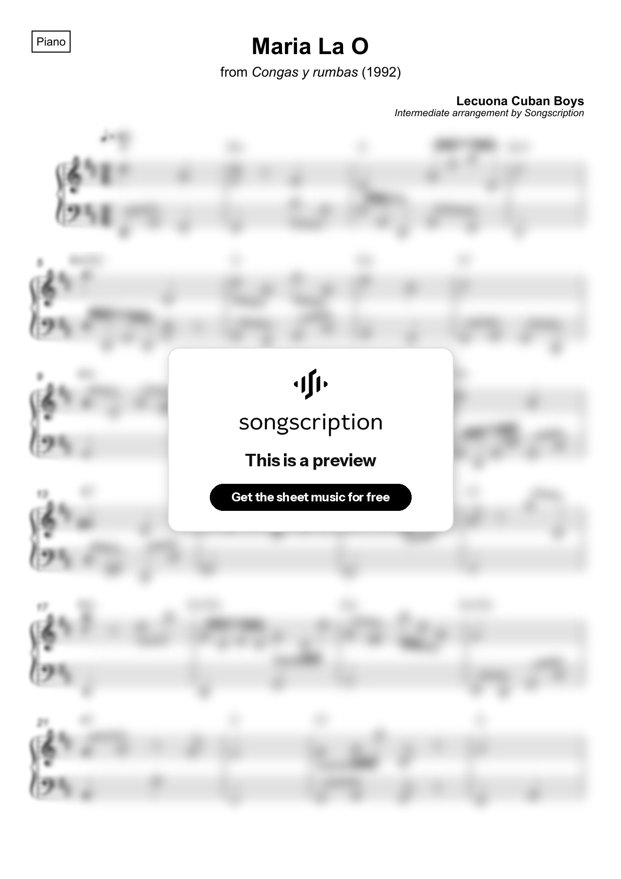 Intermediate Piano Sheet Music for "Maria La O" by Lecuona Cuban Boys