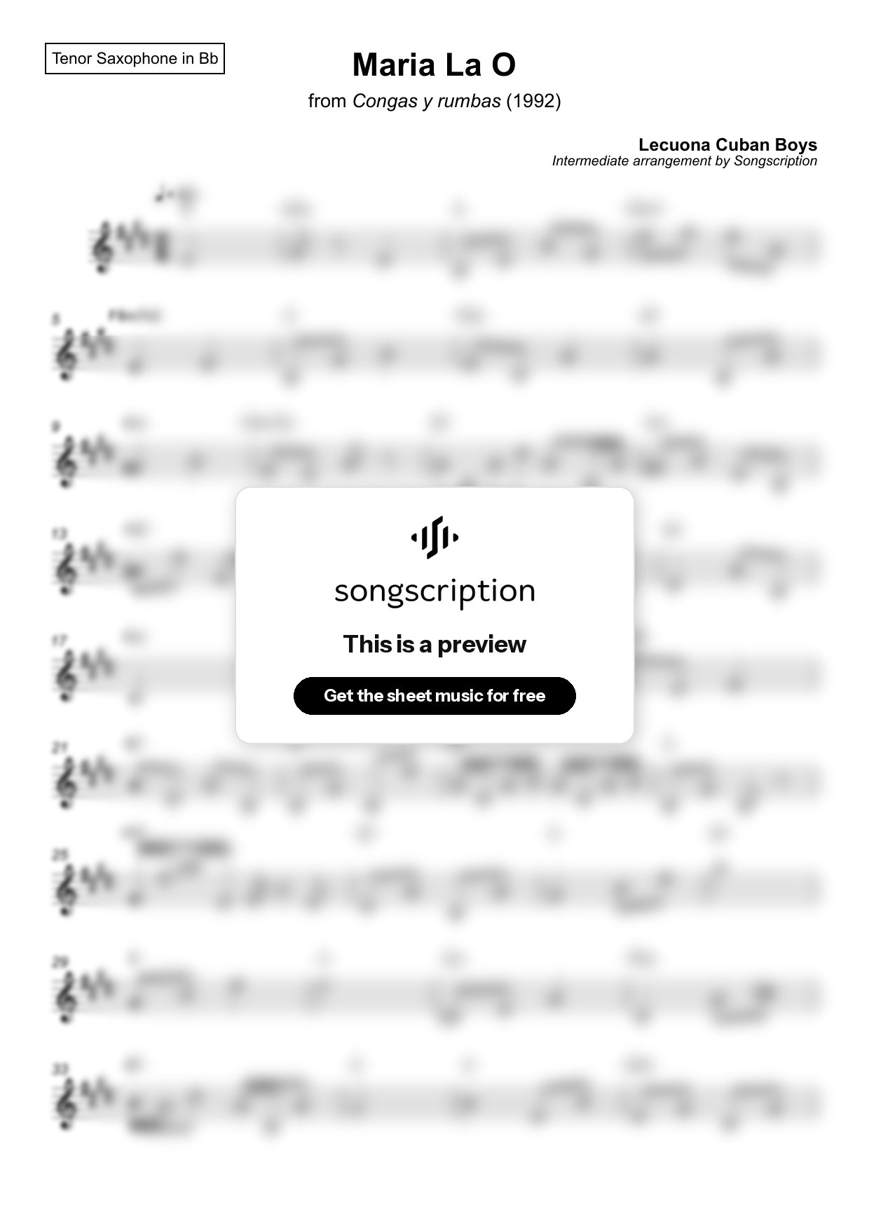 Intermediate Tenor Sax Sheet Music for "Maria La O" by Lecuona Cuban Boys