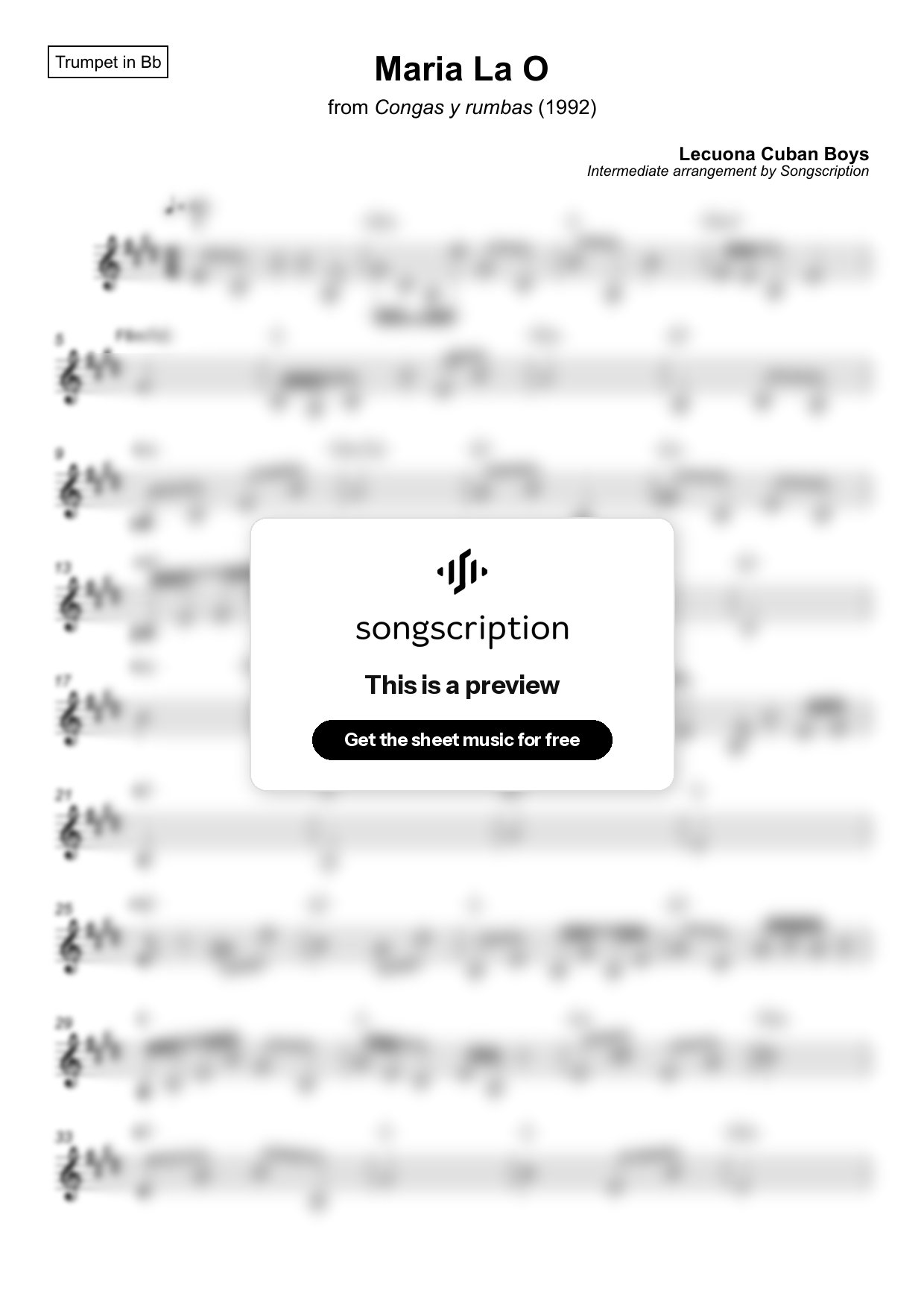 Intermediate Trumpet Sheet Music for "Maria La O" by Lecuona Cuban Boys