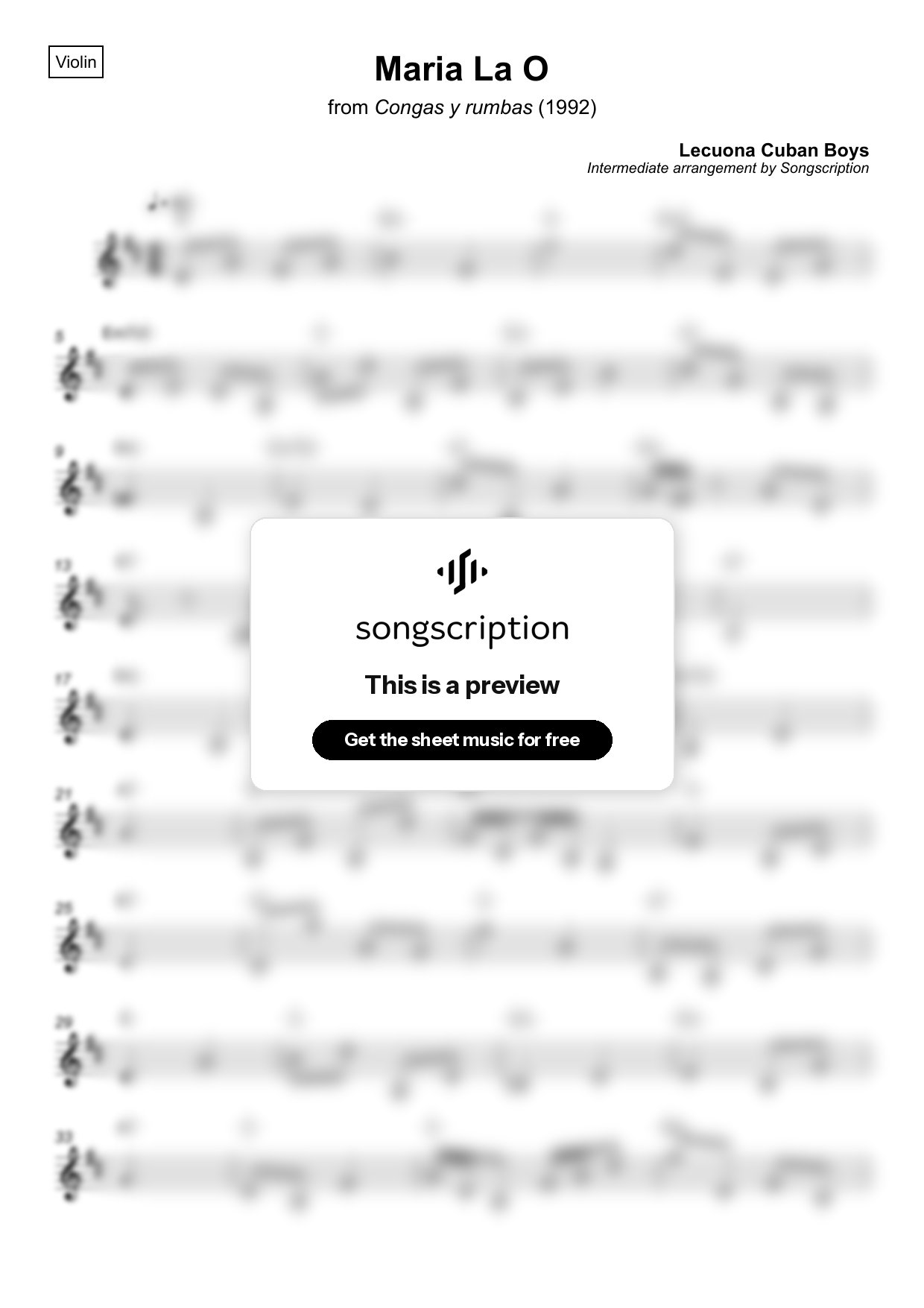 Intermediate Violin Sheet Music for "Maria La O" by Lecuona Cuban Boys