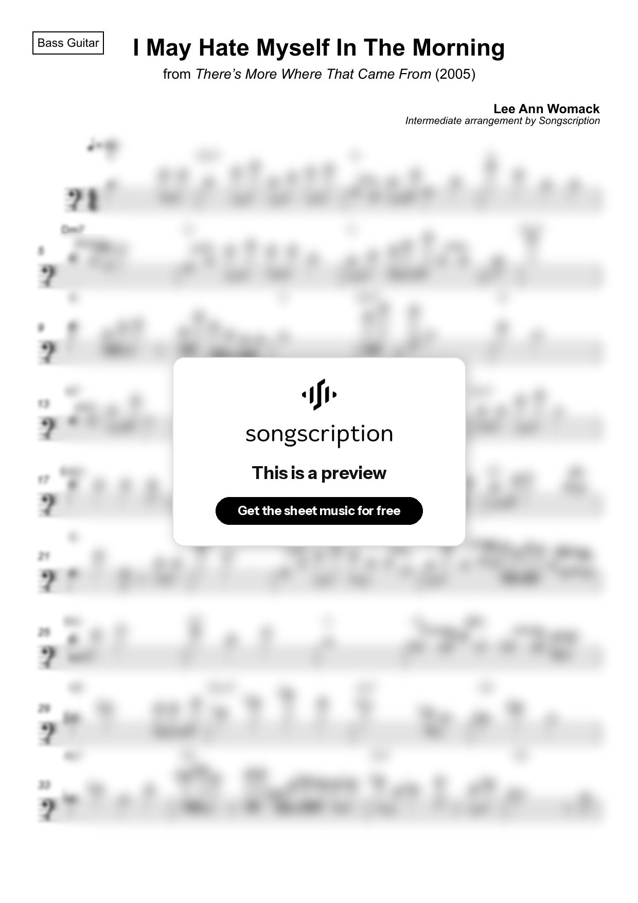 Intermediate Bass Guitar Sheet Music for "I May Hate Myself In The Morning" by Lee Ann Womack