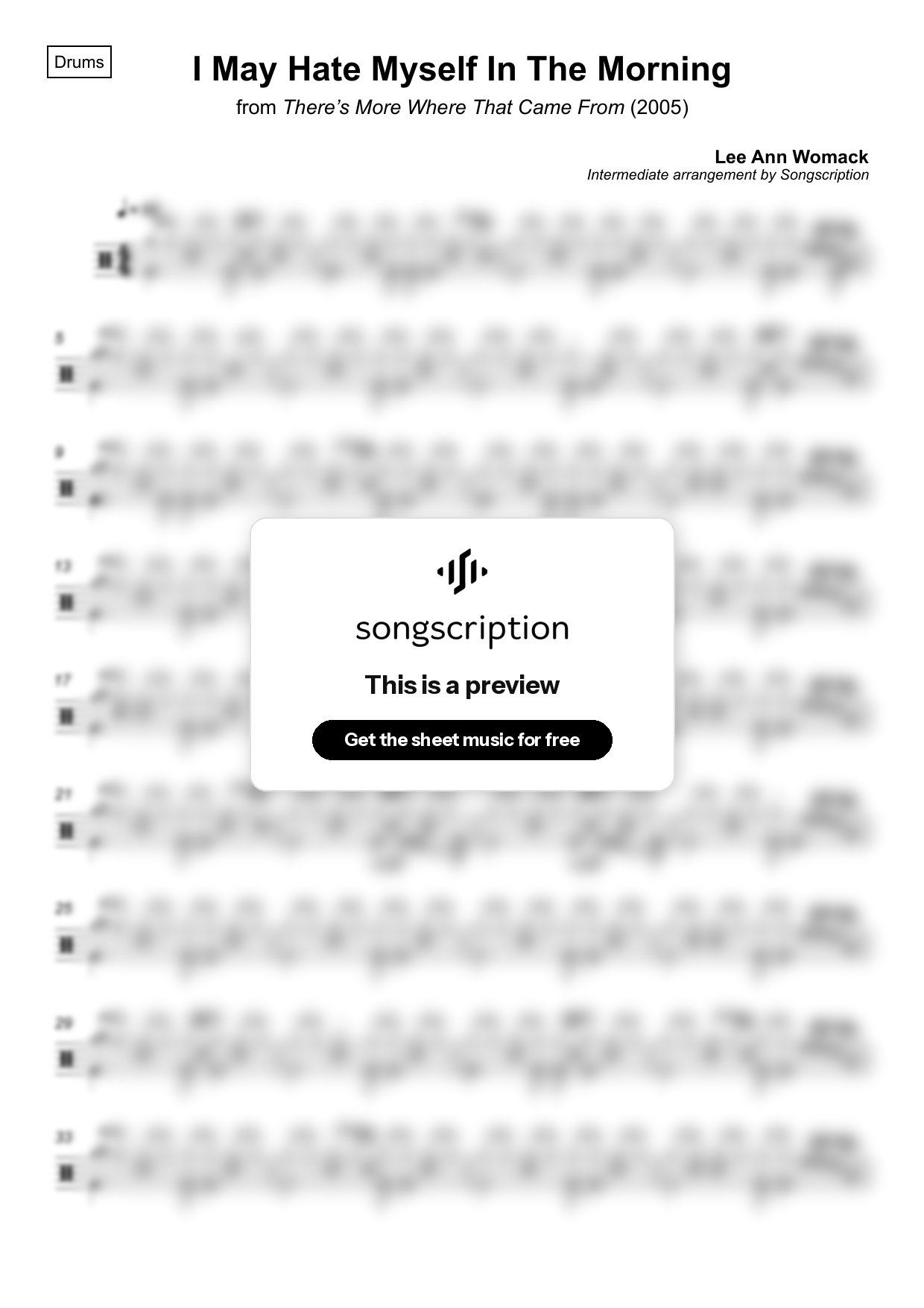 Intermediate Drums Sheet Music for "I May Hate Myself In The Morning" by Lee Ann Womack