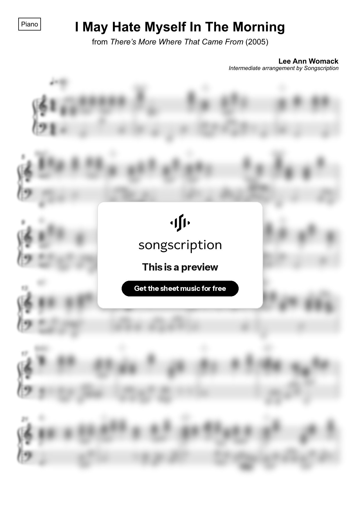 Intermediate Piano Sheet Music for "I May Hate Myself In The Morning" by Lee Ann Womack