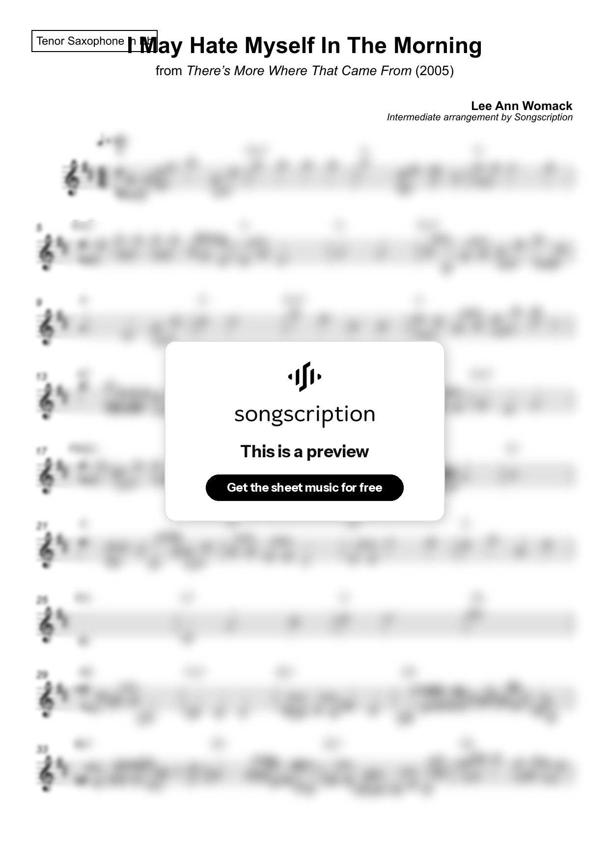 Intermediate Tenor Sax Sheet Music for "I May Hate Myself In The Morning" by Lee Ann Womack