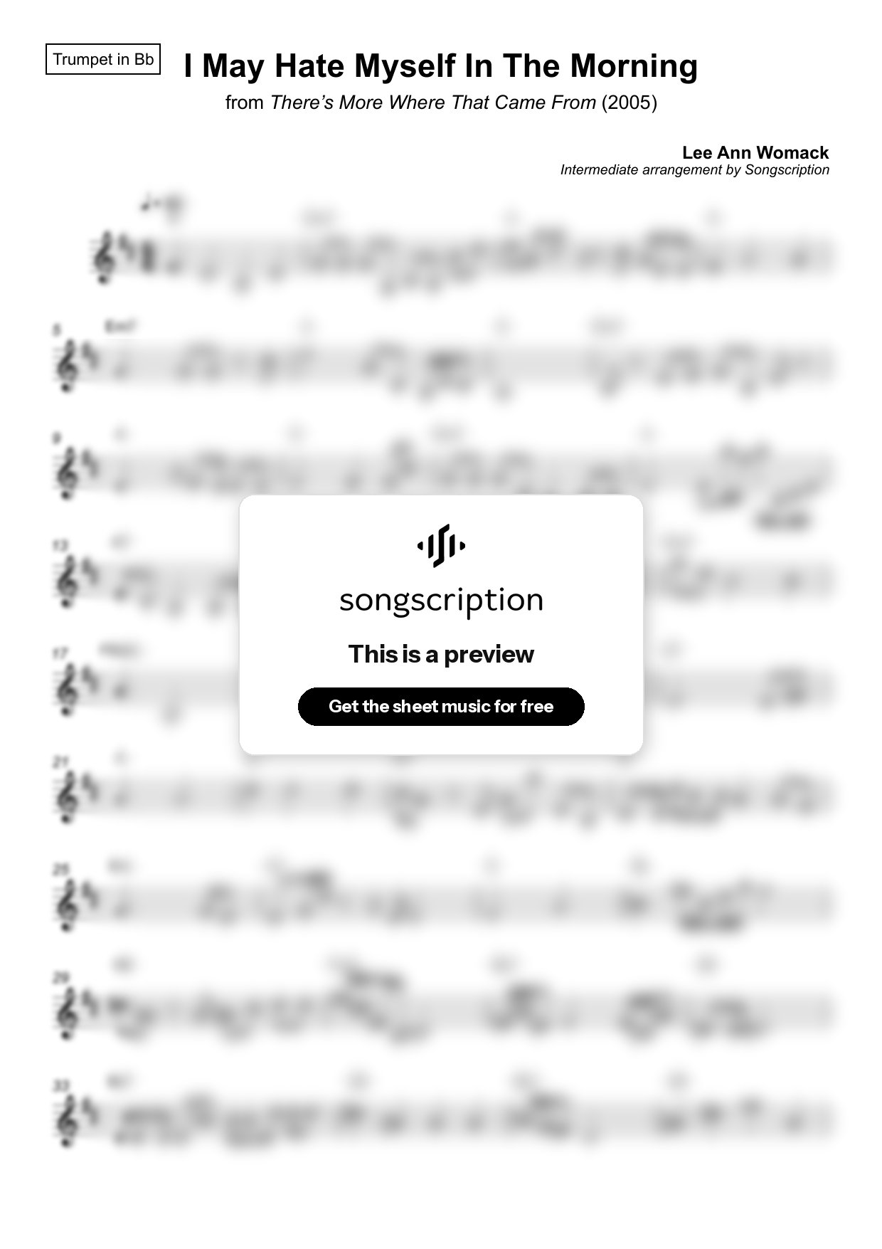 Intermediate Trumpet Sheet Music for "I May Hate Myself In The Morning" by Lee Ann Womack