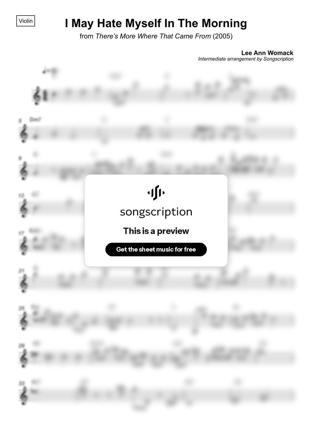 Intermediate Violin Sheet Music for "I May Hate Myself In The Morning" by Lee Ann Womack