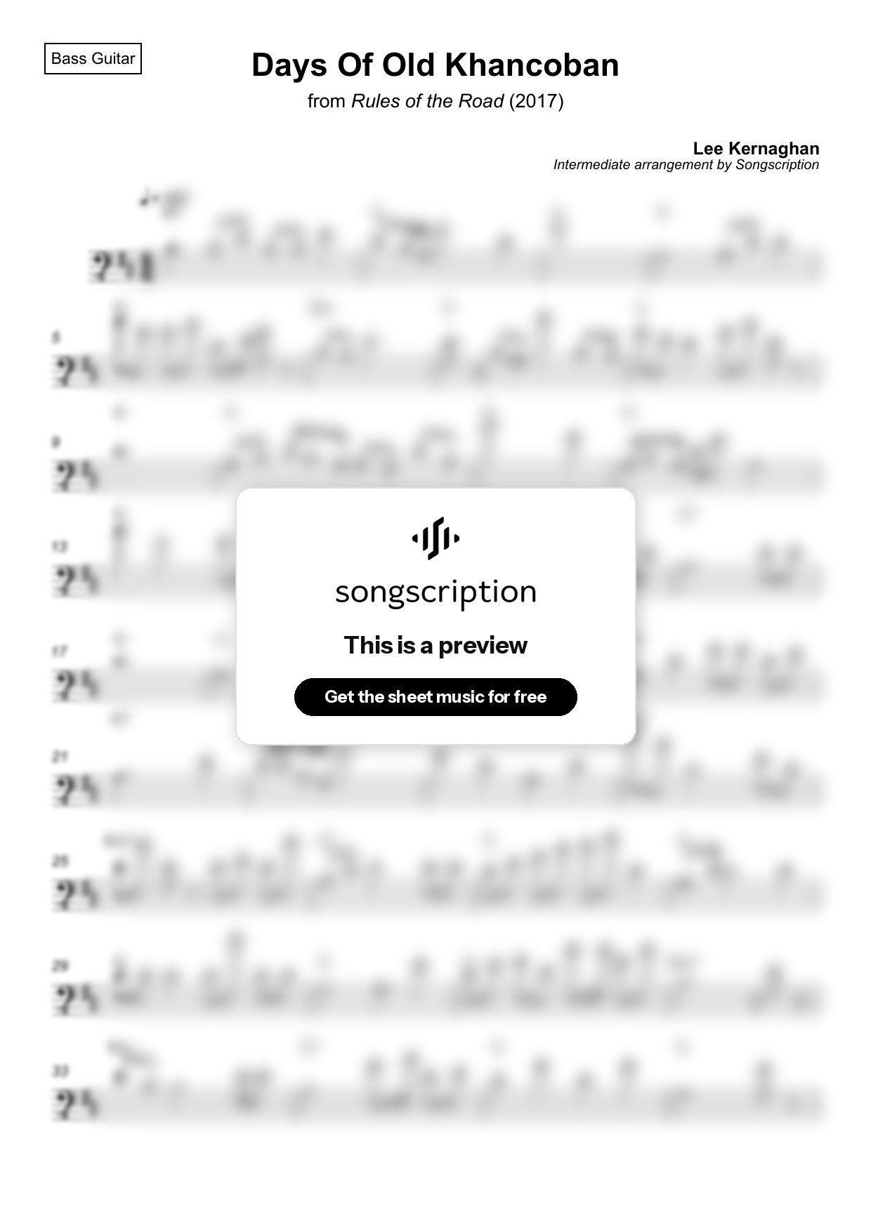 Intermediate Bass Guitar Sheet Music for "Days Of Old Khancoban" by Lee Kernaghan