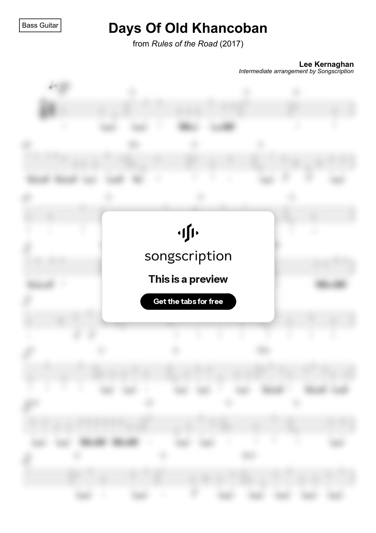Intermediate Bass Guitar Tabs for "Days Of Old Khancoban" by Lee Kernaghan